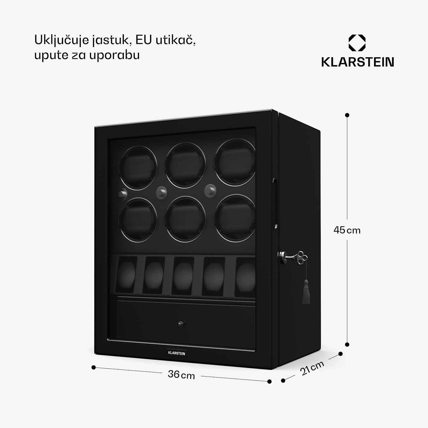 ChronoVault navijač satova, 4+6 satova, veganski materijal, visoki sjaj, 4 režima, Mabuchi motor, LED, utičnica 6 automatika, 5 mehanicara | Crna