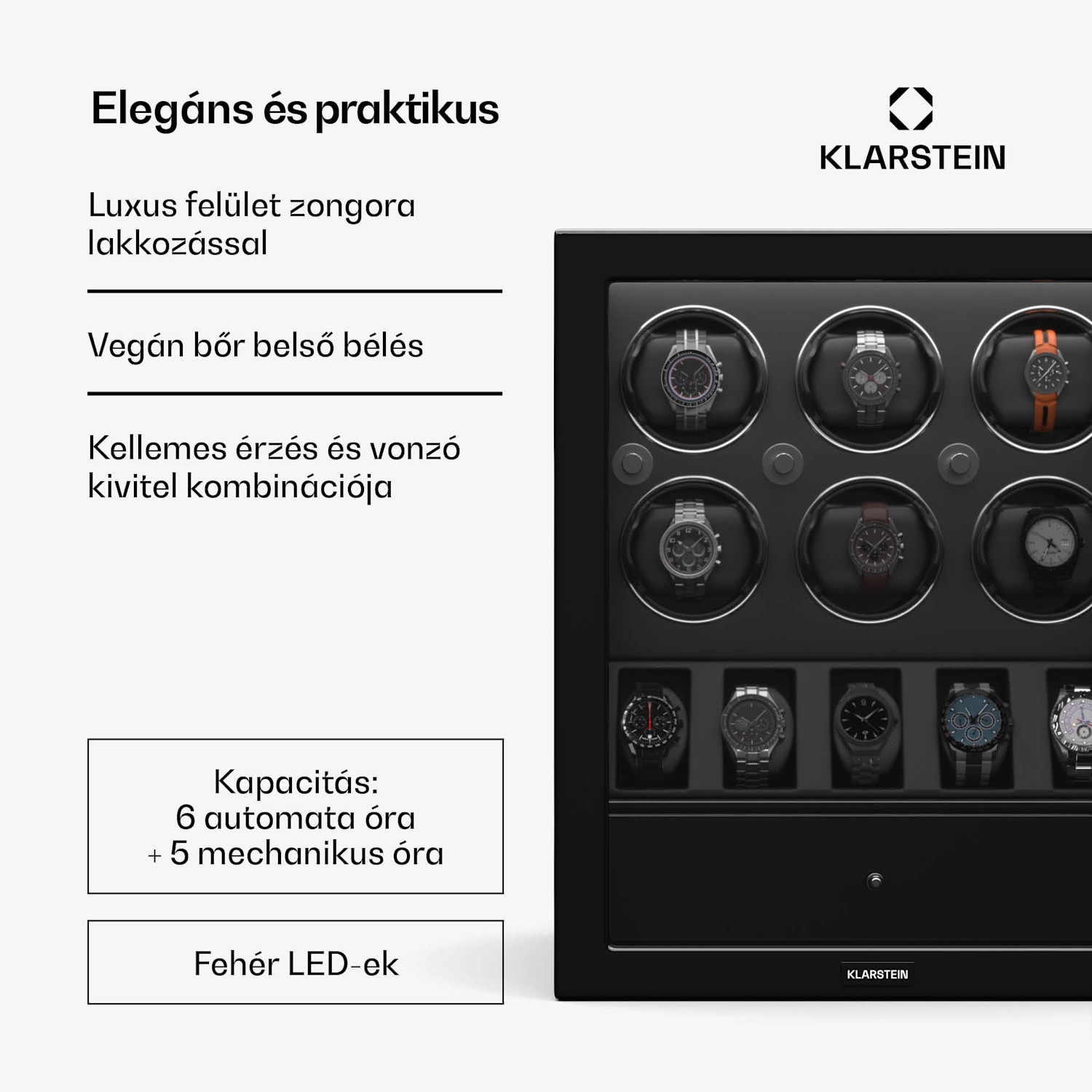 ChronoVault óratekercselő, 6+5 óra, vegán, magas fényű, 4 üzemmód, Mabuchi motor, LED, aljzat 6 automata, 5 szerelő | Fekete