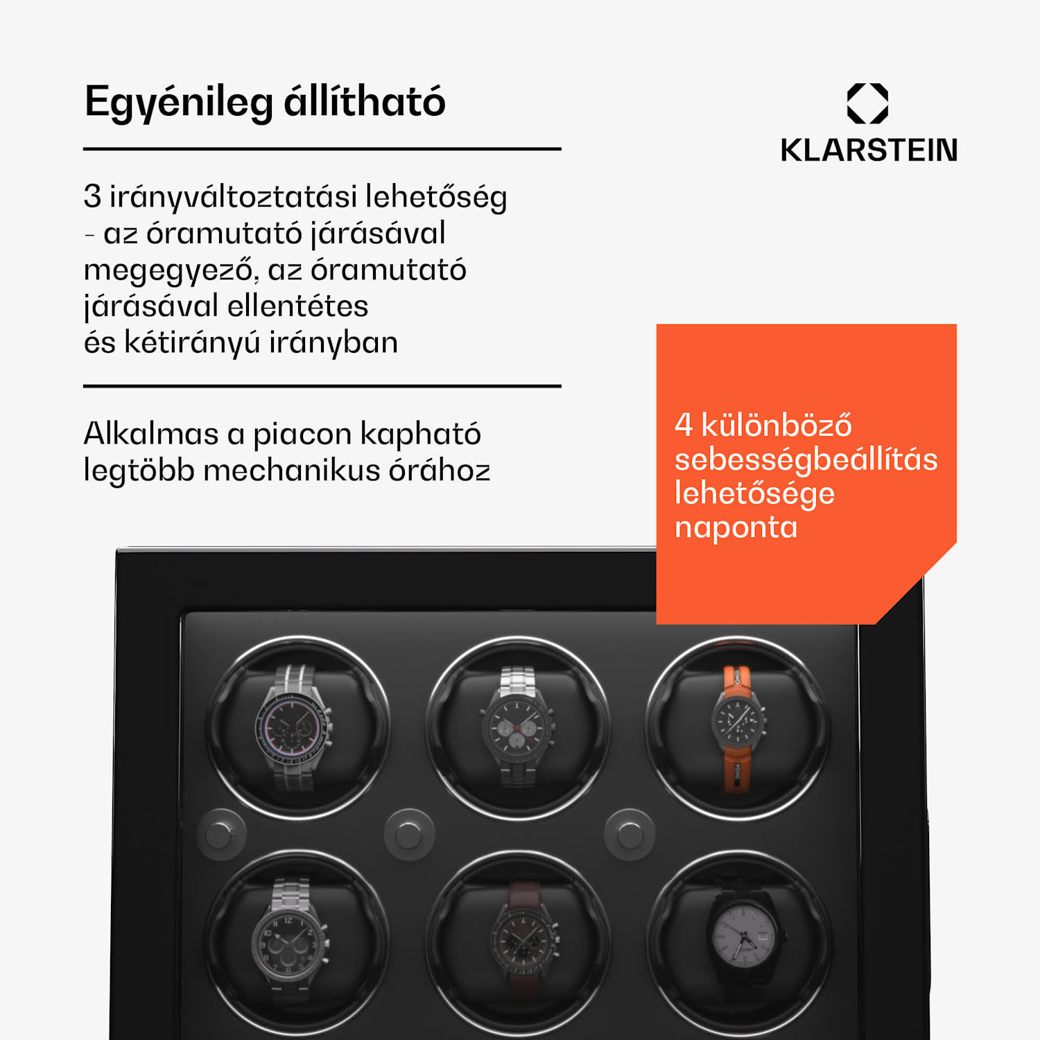 ChronoVault óratekercselő, 6+5 óra, vegán, magas fényű, 4 üzemmód, Mabuchi motor, LED, aljzat 6 automata, 5 szerelő | Fekete