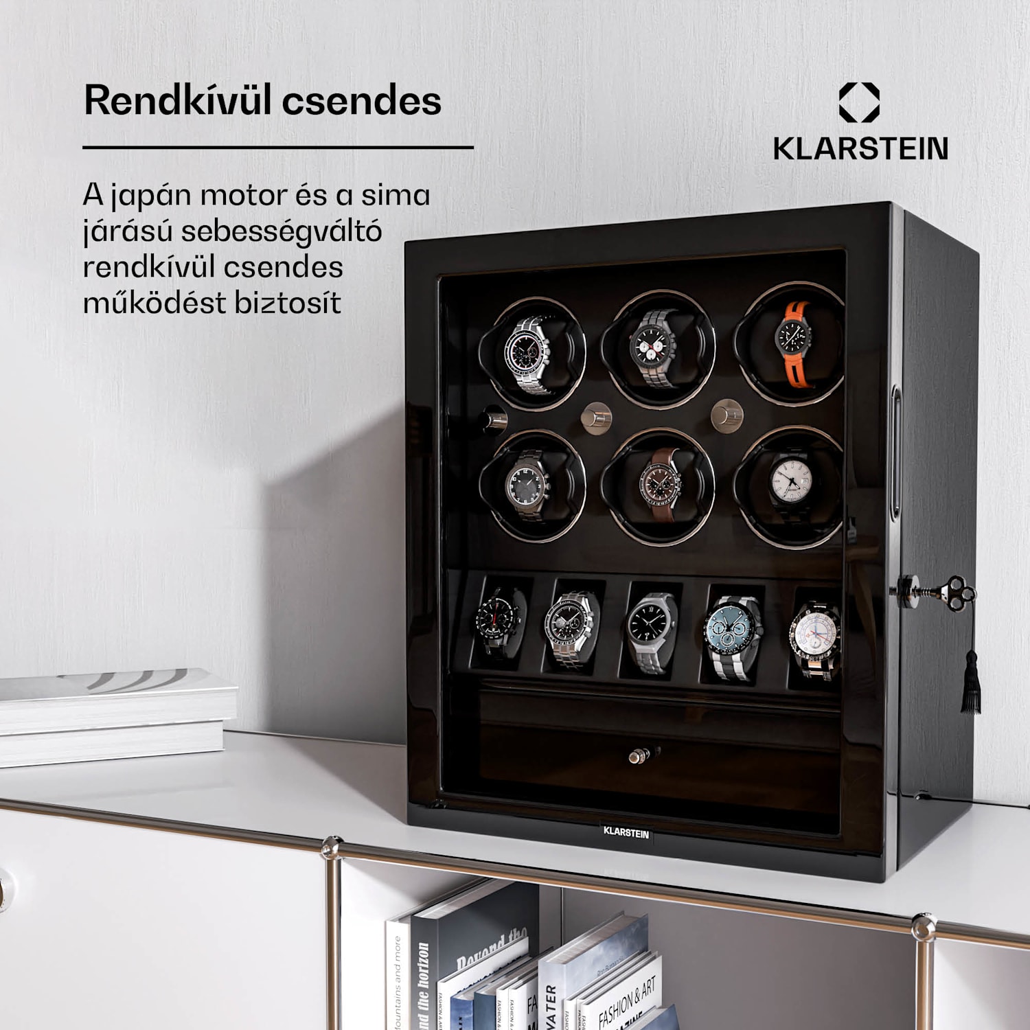 ChronoVault óratekercselő, 6+5 óra, vegán, magas fényű, 4 üzemmód, Mabuchi motor, LED, aljzat 6 automata, 5 szerelő | Fekete