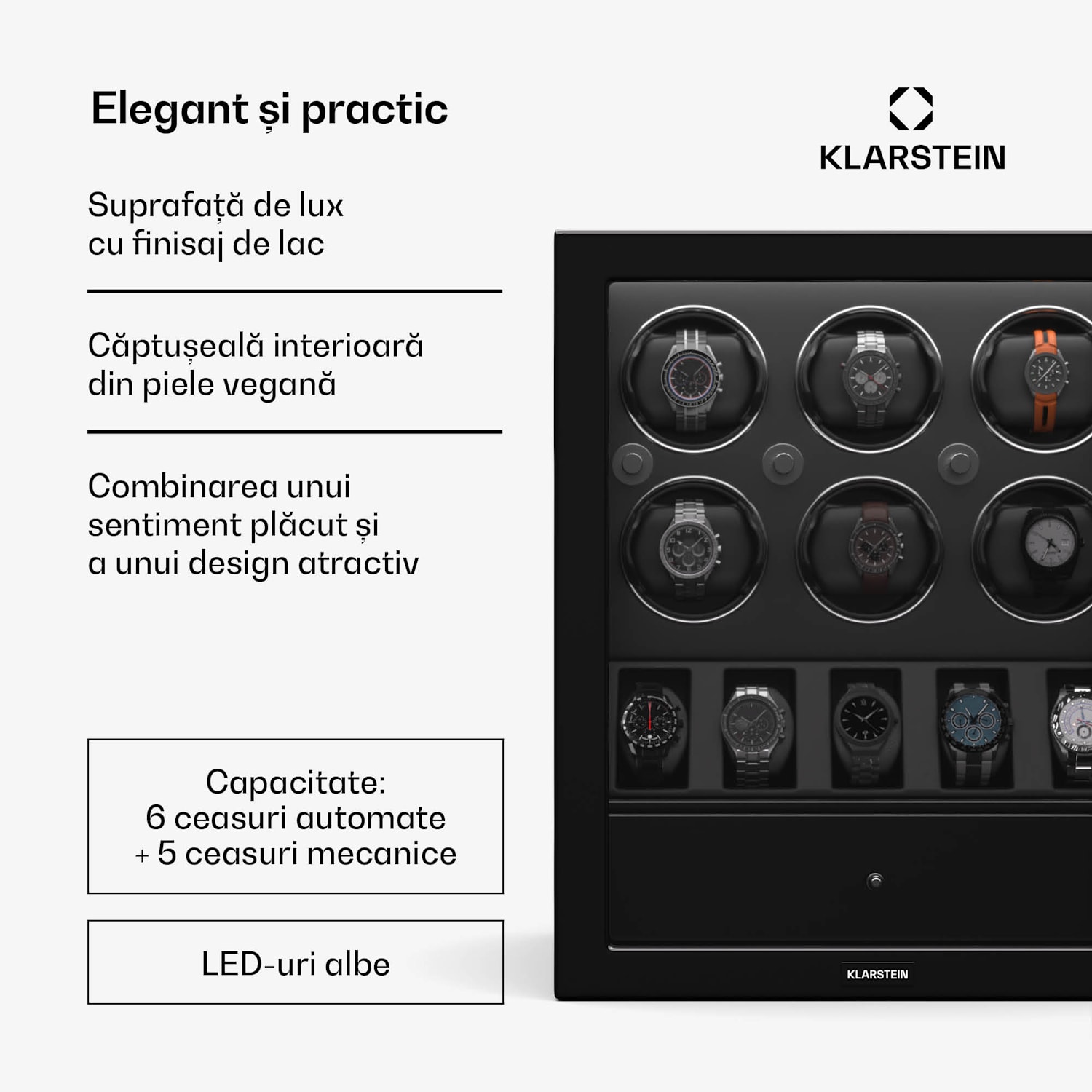 Dispozitiv de întors ceasuri ChronoVault, 6+5 ceasuri, vegan, lucios, 4 moduri, Motor Mabuchi, LED, priză 6 automate, 5 mecanice | Negru
