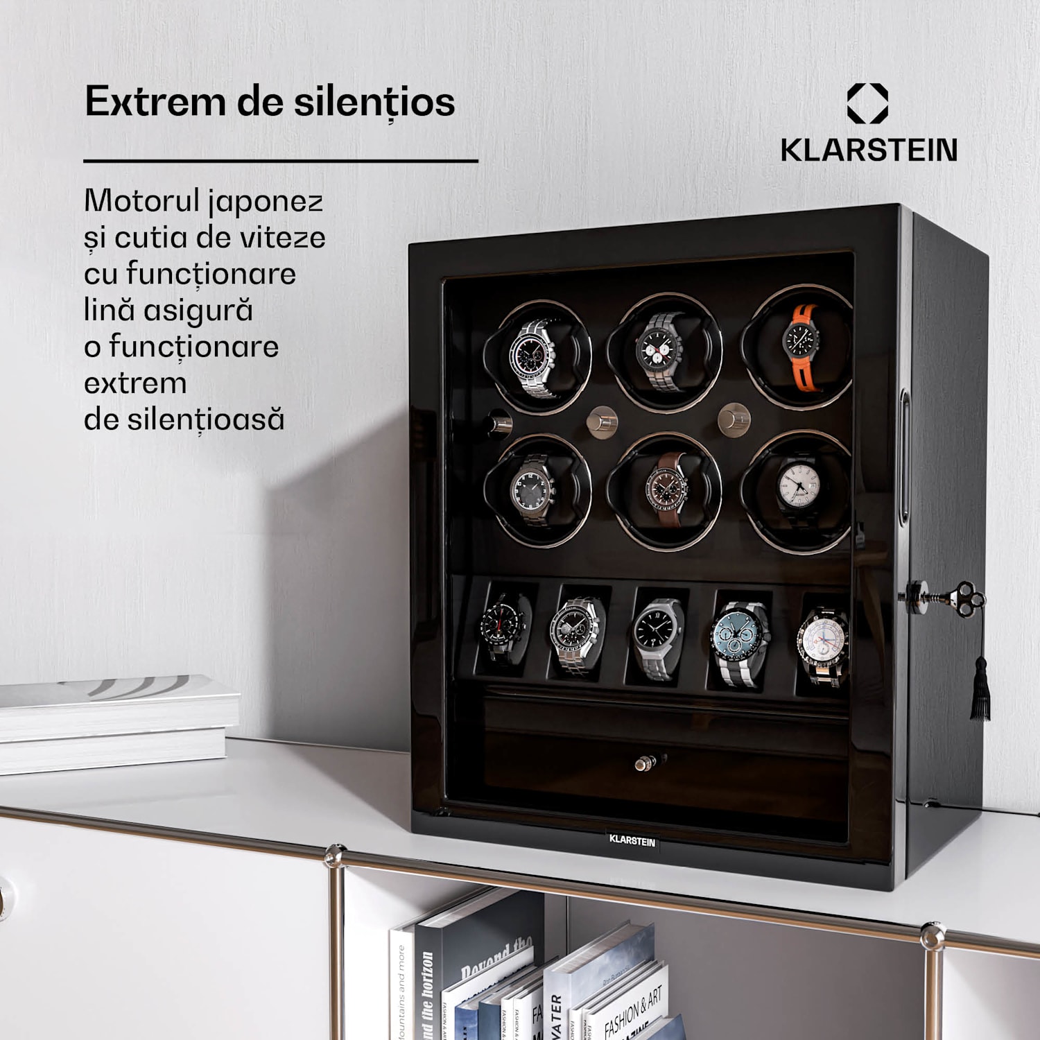 Dispozitiv de întors ceasuri ChronoVault, 6+5 ceasuri, vegan, lucios, 4 moduri, Motor Mabuchi, LED, priză 6 automate, 5 mecanice | Negru