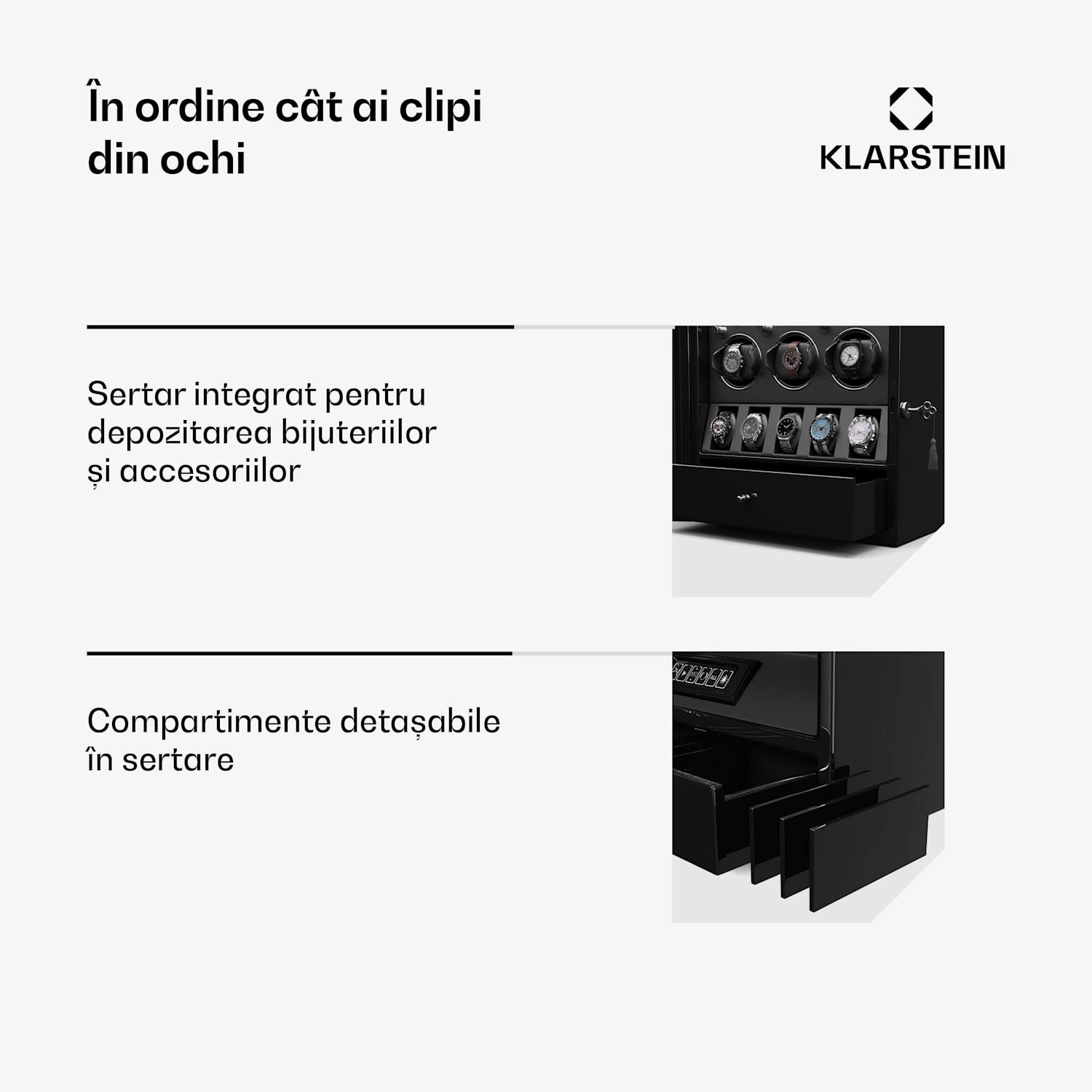Dispozitiv de întors ceasuri ChronoVault, 6+5 ceasuri, vegan, lucios, 4 moduri, Motor Mabuchi, LED, priză 6 automate, 5 mecanice | Negru
