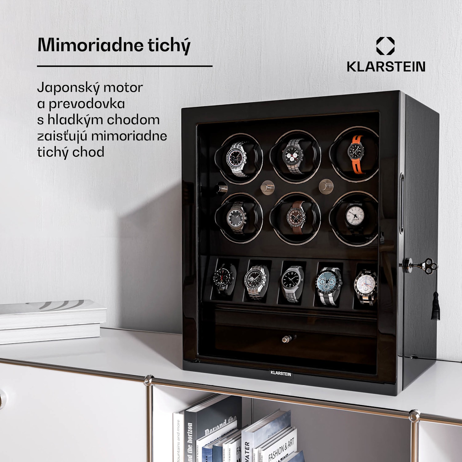 ChronoVault naťahovač hodiniek, 6+5 hodiniek, vegánsky, vysoký lesk, 4 režimy, motor Mabuchi, LED, zásuvka 6 automatických, 5 mechanických | Čierna