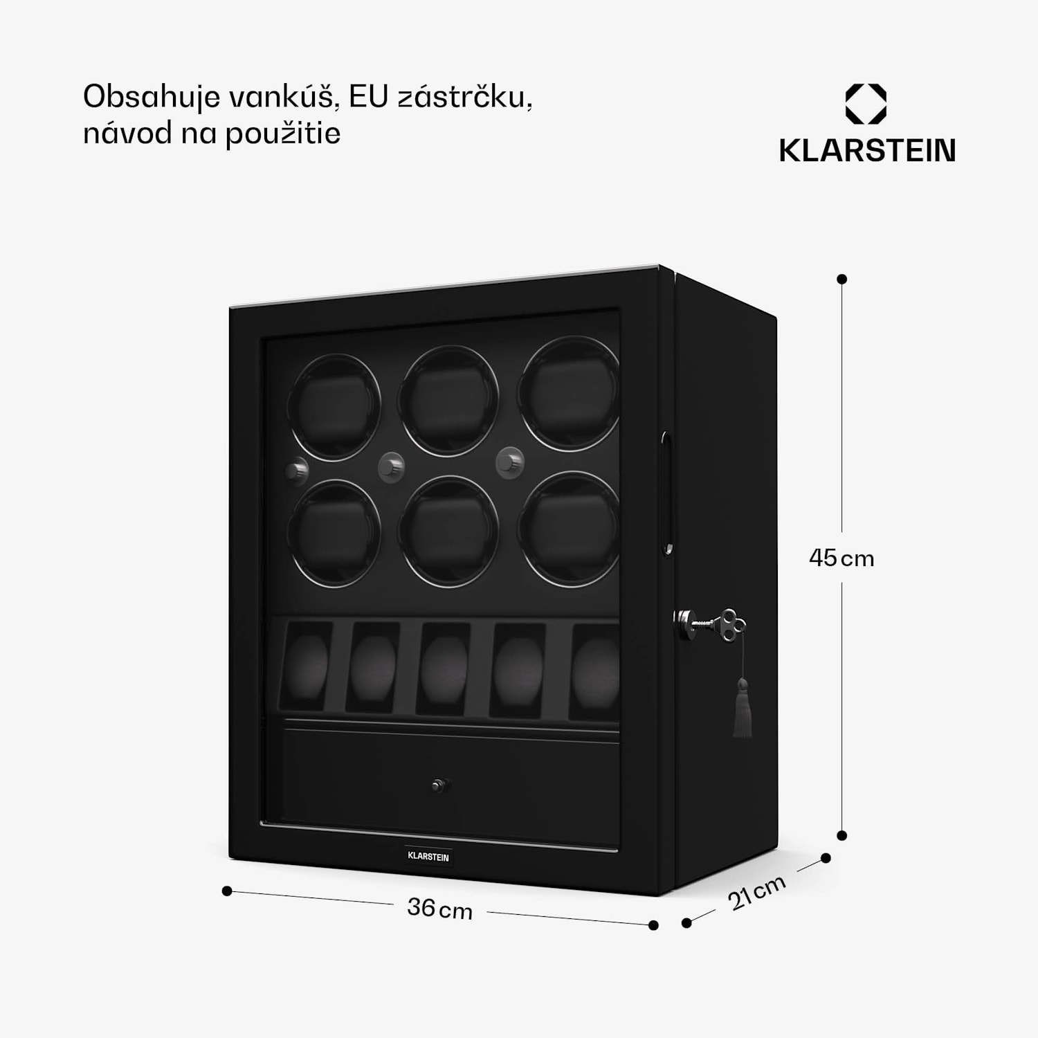 ChronoVault naťahovač hodiniek, 6+5 hodiniek, vegánsky, vysoký lesk, 4 režimy, motor Mabuchi, LED, zásuvka 6 automatických, 5 mechanických | Čierna