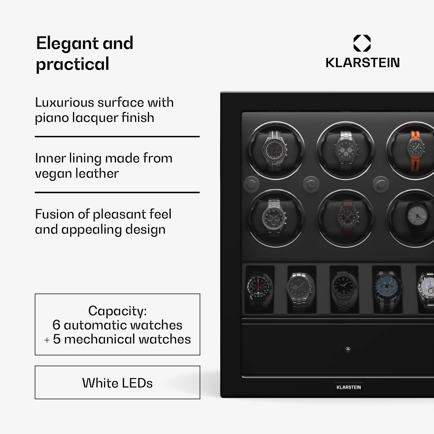 ChronoVault-kellonpyöritin | 6 + 5 kelloa | vegaaninen | korkeakiilto | 4 tilaa | Mabuchi-moottori | LED | laatikko 6 automaattia, 5 mekaanikkoa | Musta