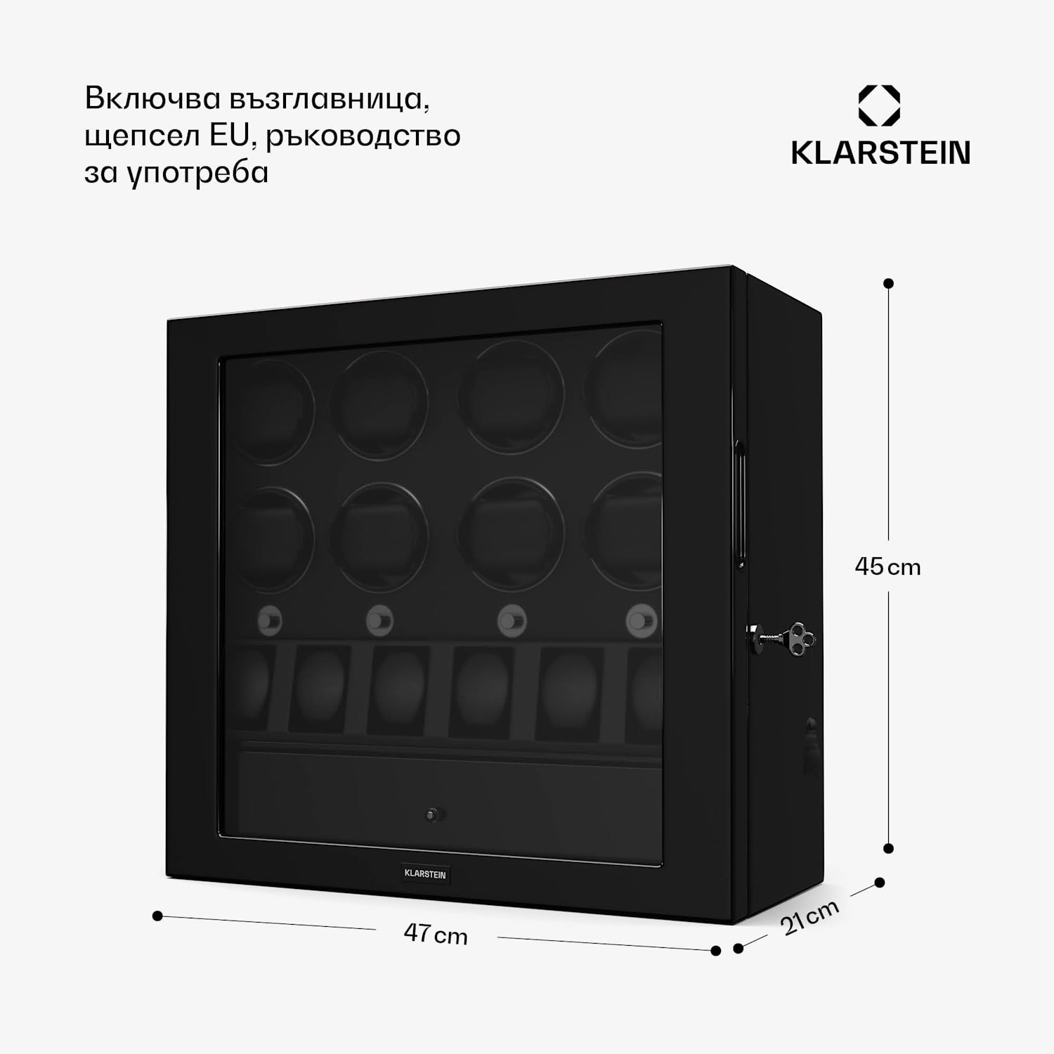 Навивател за часовници ChronoVault, 8+6 часовника, веган, висок гланц, 4 режима, двигател Mabuchi, LED, гнездо 8 автоматични, 6 механични | Черно