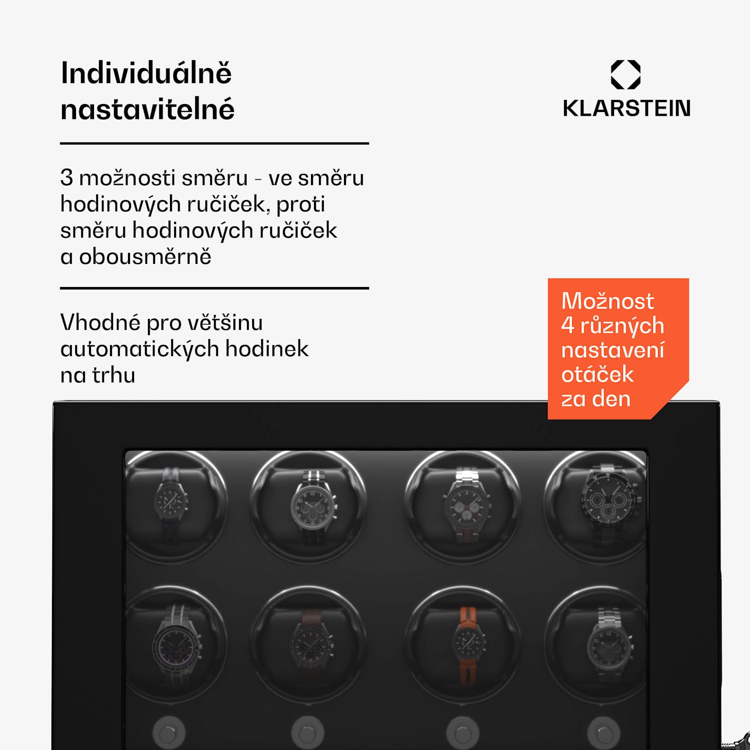 ChronoVault natahovač hodinek, 8+6 hodinek, veganský, vysoký lesk, 4 režimy, motor Mabuchi, LED, zásuvka 8 automatických, 6 mechanických | Černá