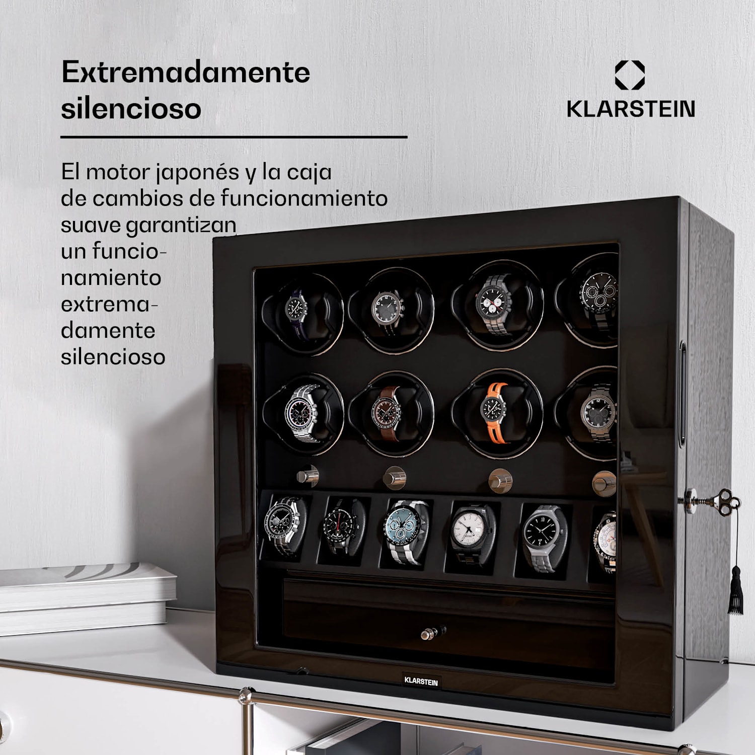 ChronoVault watch winder | 8+6 relojes | vegano | alto brillo | 4 modos | motor Mabuchi | LED | cajón 8 automáticos, 6 mecánicos | Negro