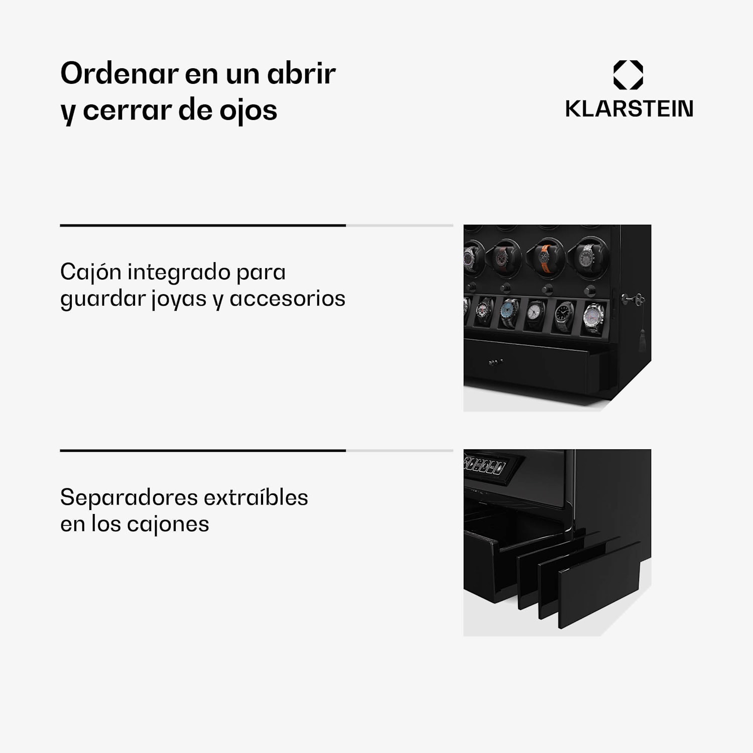 ChronoVault watch winder | 8+6 relojes | vegano | alto brillo | 4 modos | motor Mabuchi | LED | cajón 8 automáticos, 6 mecánicos | Negro
