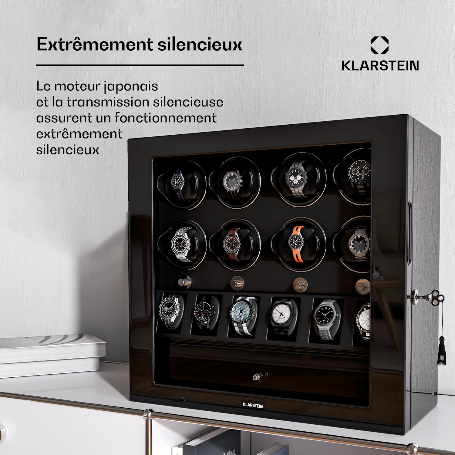ChronoVault watchwinder | 8+6 horloges | veganistisch | hoogglans | 4 modi | Mabuchi motor | LED | schuiflade 8 automatisch, 6 mechanisch | Zwart