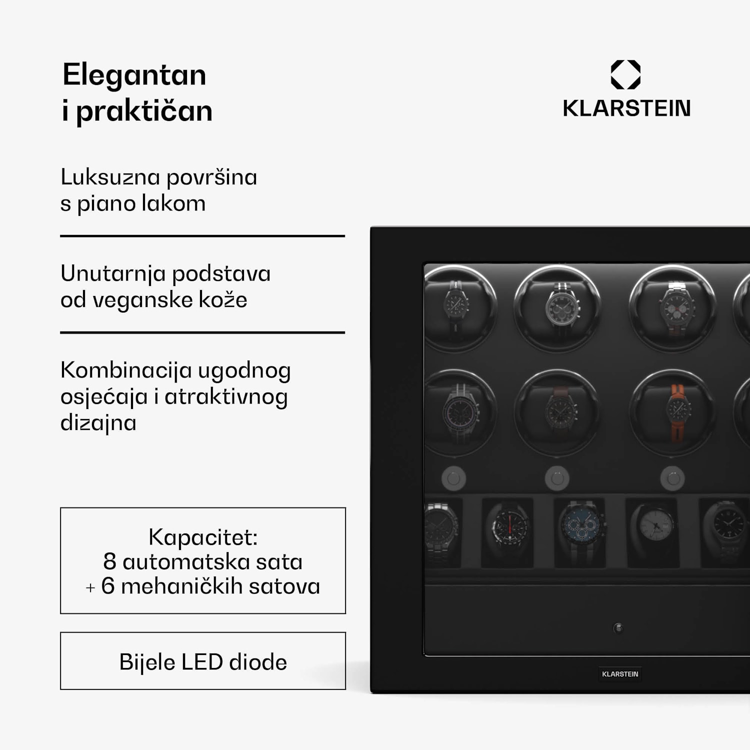 ChronoVault navijač satova, 8+6 sata, veganski materijal, visoki sjaj, 4 režima, Mabuchi motor, LED, utičnica 8 automatika, 6 mehanicara | Crna