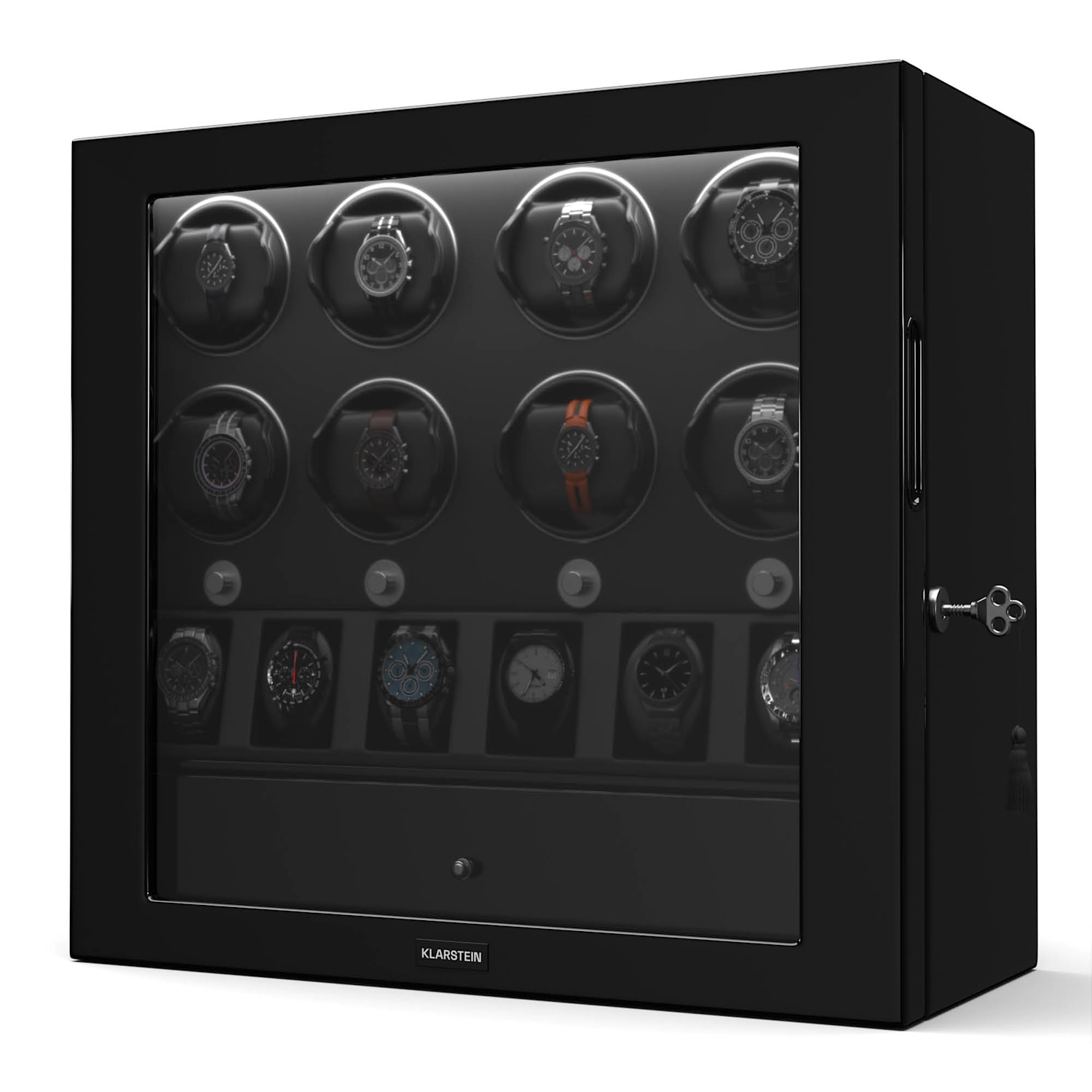 Dispozitiv de întors ceasuri ChronoVault, 8+6 ceasuri, vegan, lucios, 4 moduri, Motor Mabuchi, LED, priză 