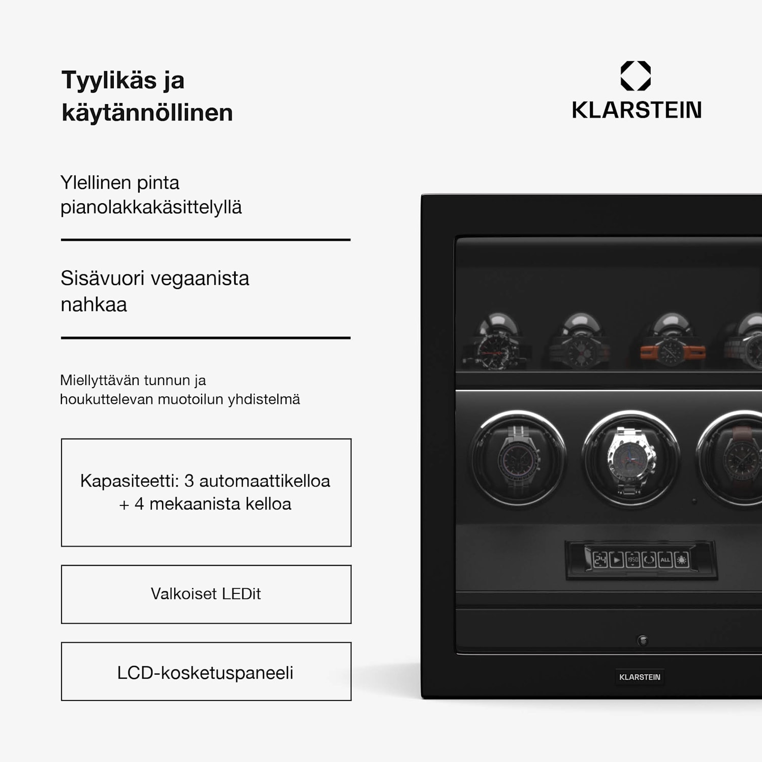SecureTouch-kellonpyöritin | 3 + 4 kelloa | Mabuchi-moottori | pianolakka | 41 ohjelmaa | lukko | LED-valot 3 automaattia, 4 mekaanikkoa | Musta