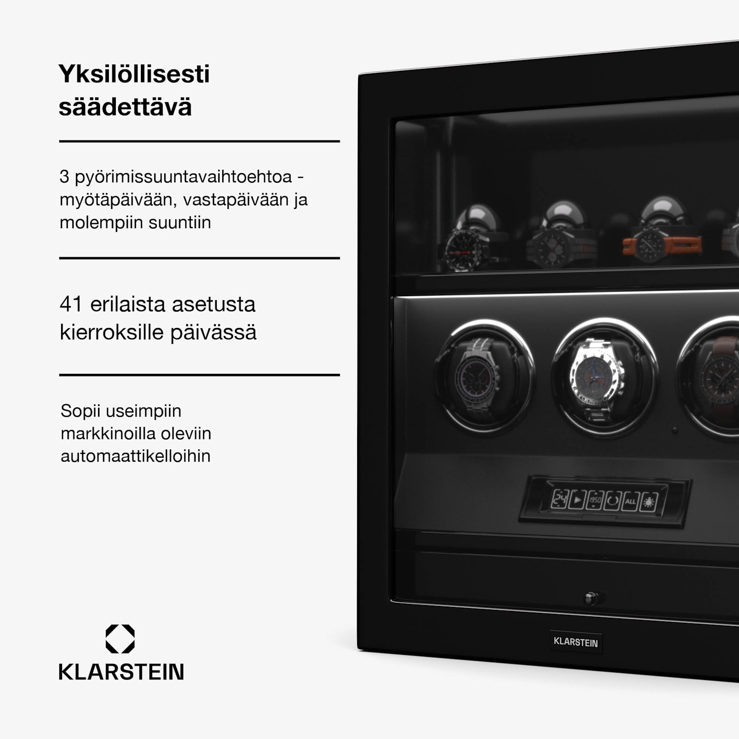 SecureTouch-kellonpyöritin | 3 + 4 kelloa | Mabuchi-moottori | pianolakka | 41 ohjelmaa | lukko | LED-valot 3 automaattia, 4 mekaanikkoa | Musta