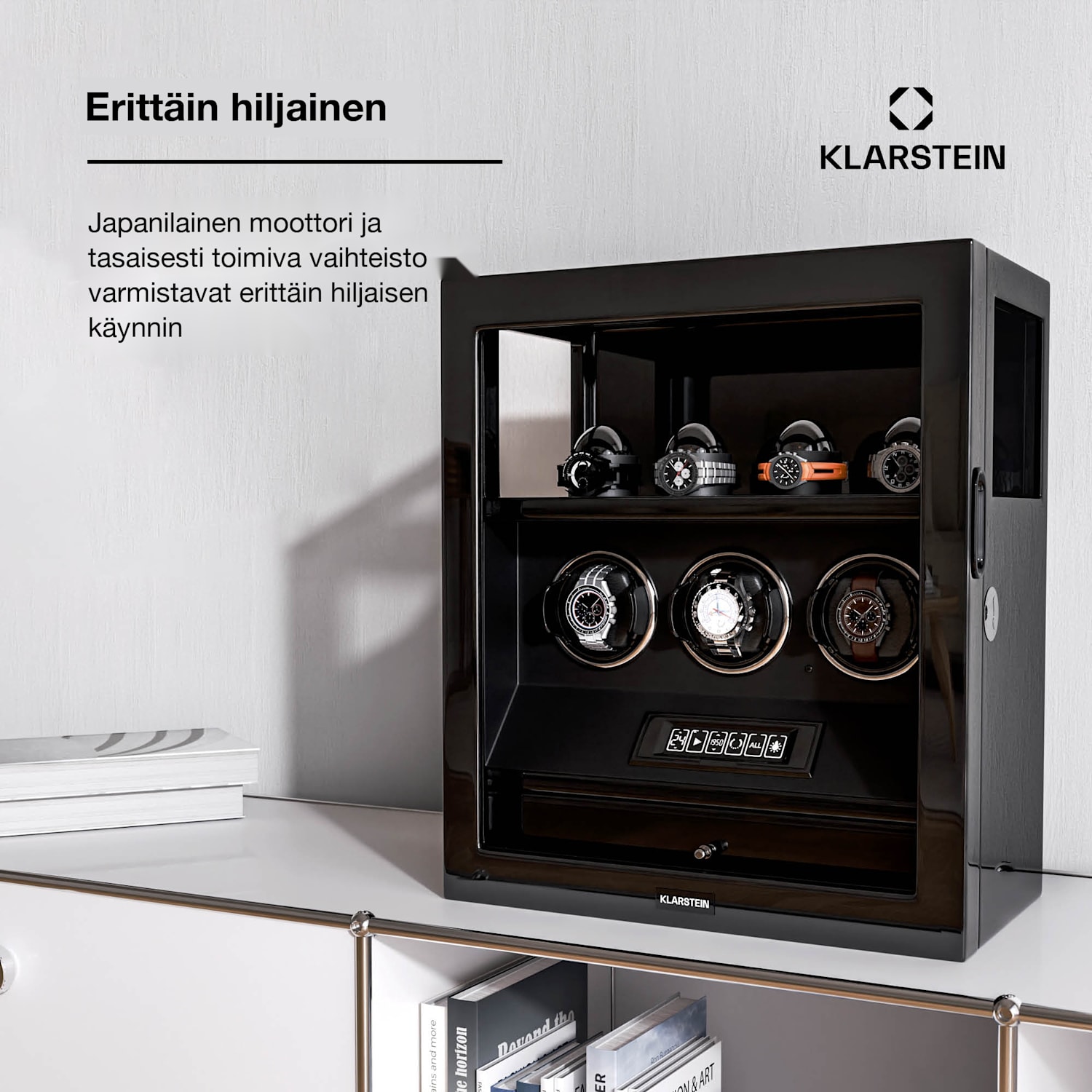 SecureTouch-kellonpyöritin | 3 + 4 kelloa | Mabuchi-moottori | pianolakka | 41 ohjelmaa | lukko | LED-valot 3 automaattia, 4 mekaanikkoa | Musta
