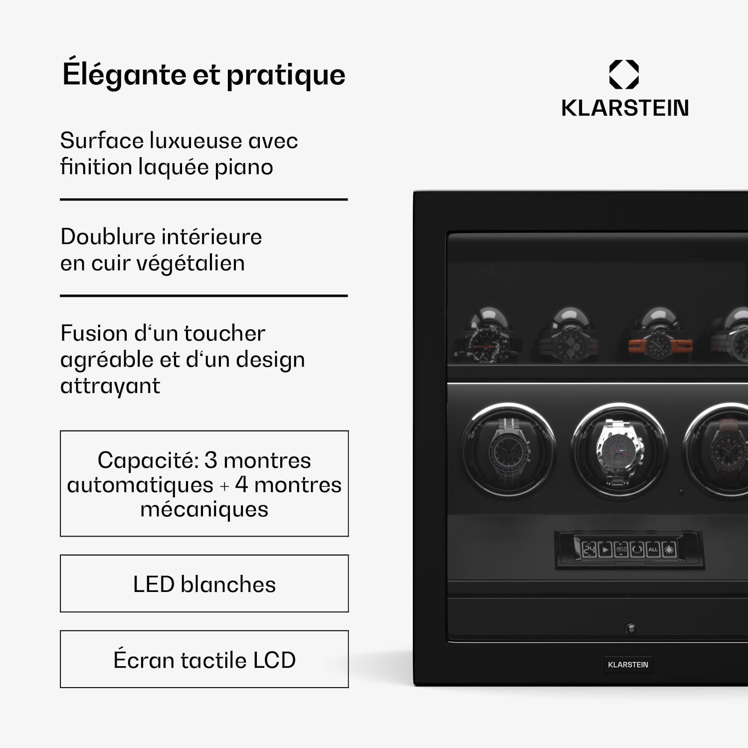 SecureTouch watchwinder | 3+4 horloges | Mabuchi motor | pianolak | 41 modi | slot | leds 3 automatisch, 4 mechanisch | Zwart