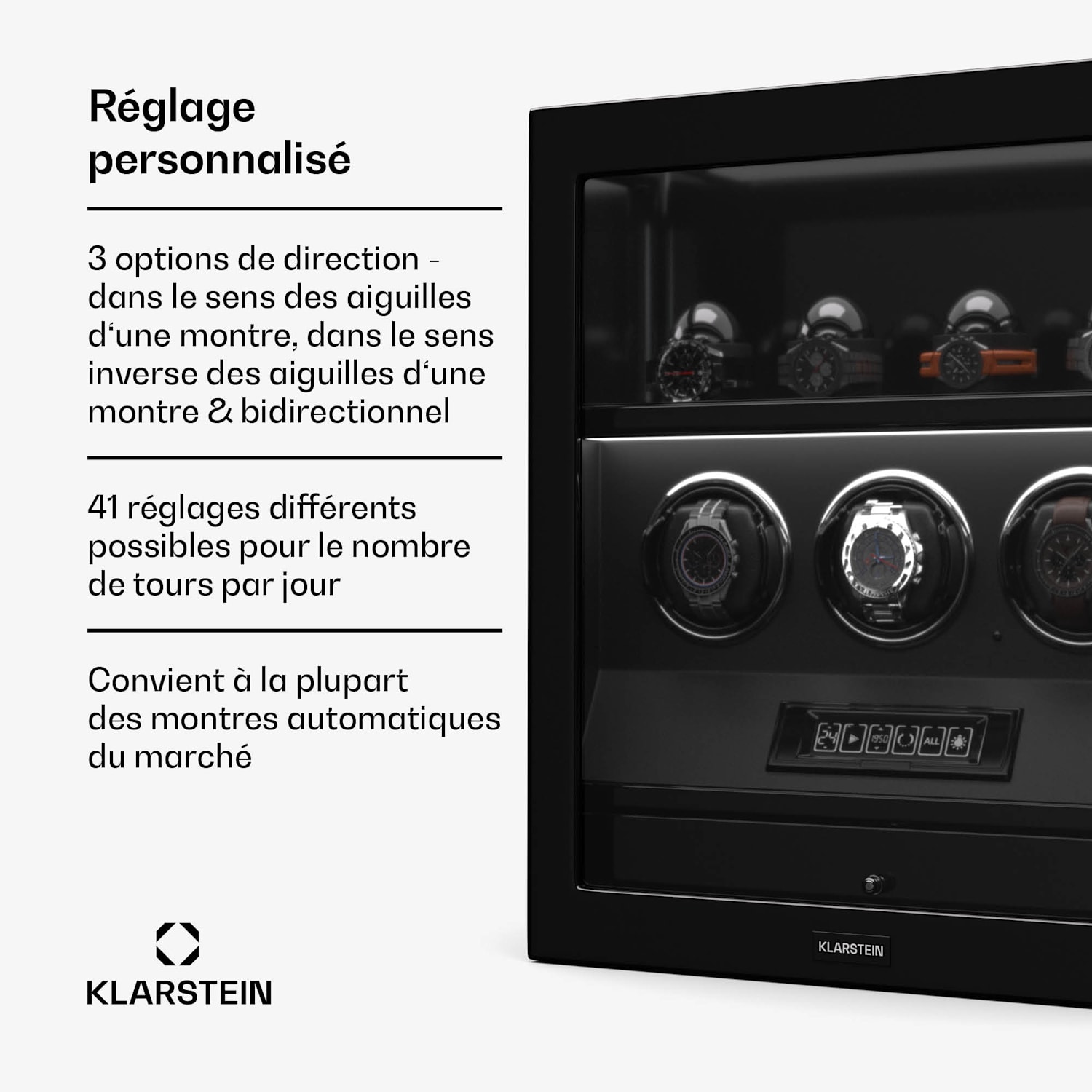 SecureTouch watchwinder | 3+4 horloges | Mabuchi motor | pianolak | 41 modi | slot | leds 3 automatisch, 4 mechanisch | Zwart