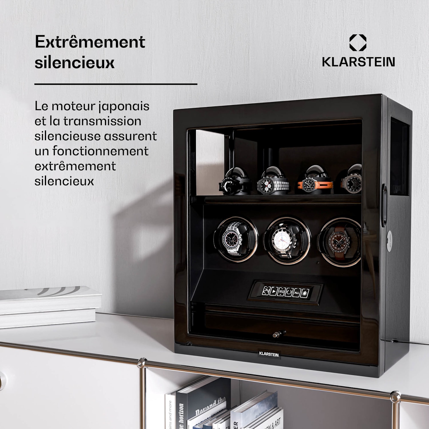 SecureTouch watchwinder | 3+4 horloges | Mabuchi motor | pianolak | 41 modi | slot | leds 3 automatisch, 4 mechanisch | Zwart