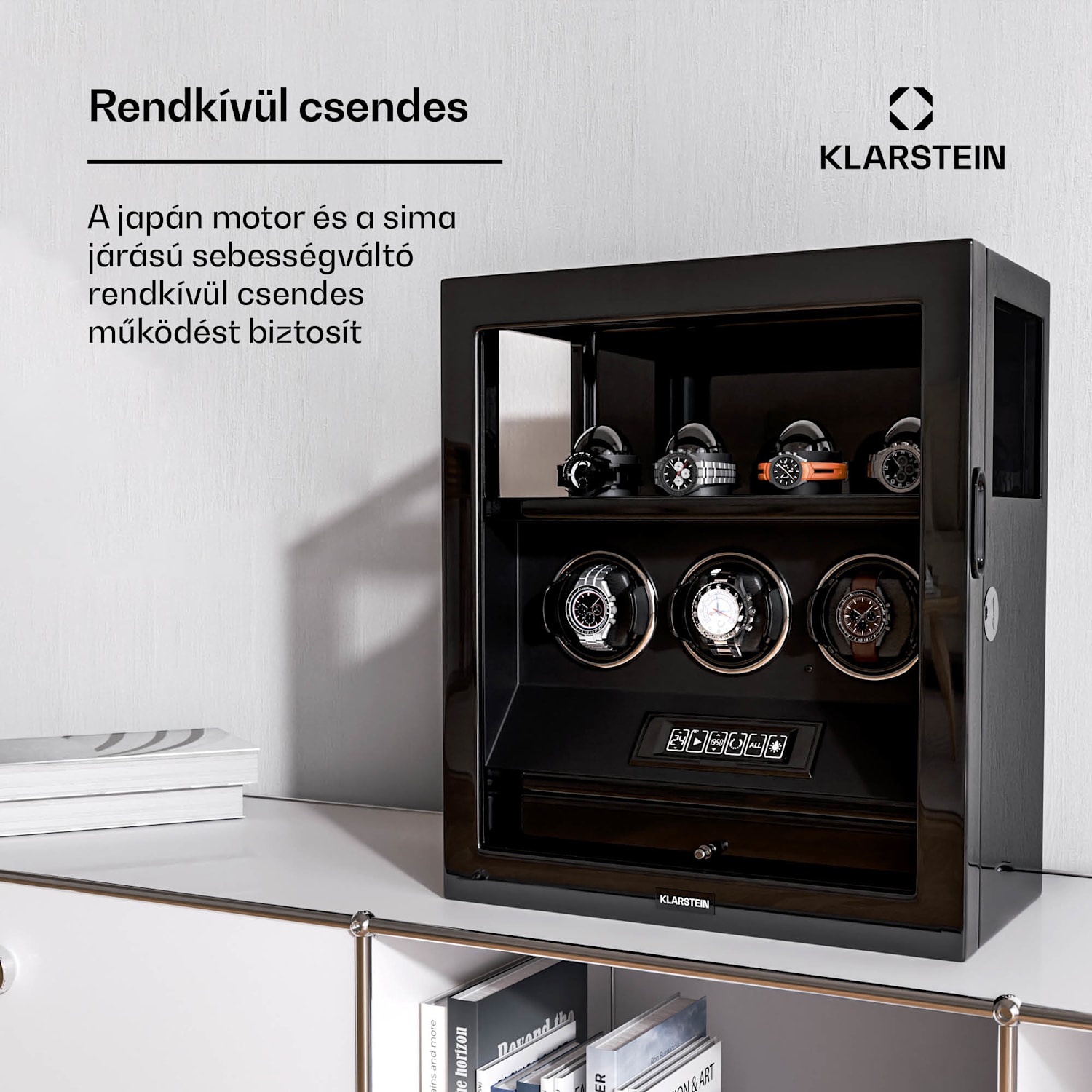 SecureTouch óratekercselő, 3+4 óra, Mabuchi motor, zongoralakk, 41 üzemmód, zár, LED-ek 3 automata, 4 szerelő | Fekete