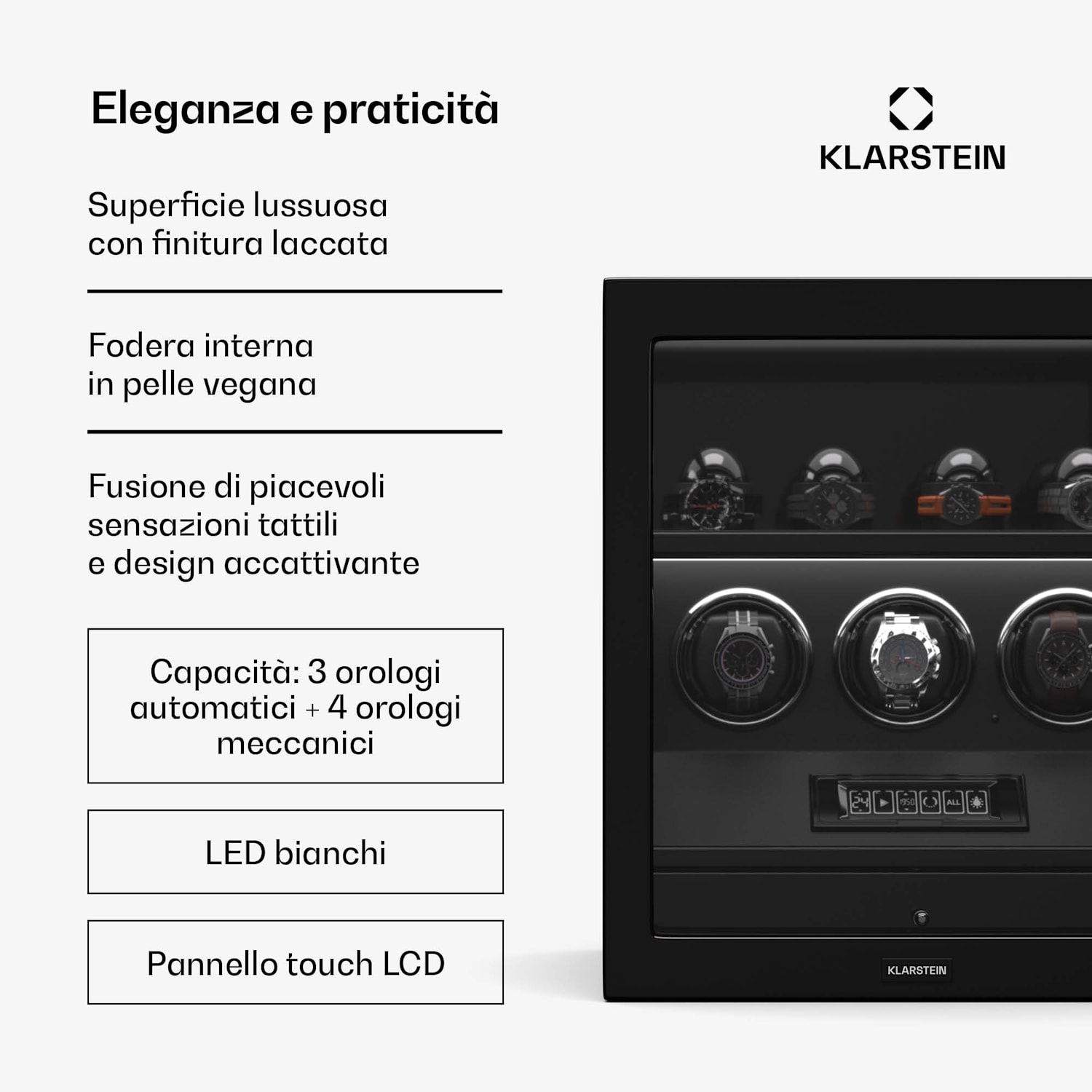 SecureTouch - Avvolgitore per orologi | 3+4 orologi | Motore Mabuchi | Lacca lucida | 41 modalità | Serratura | LED 3 automatici, 4 meccanici | Nero