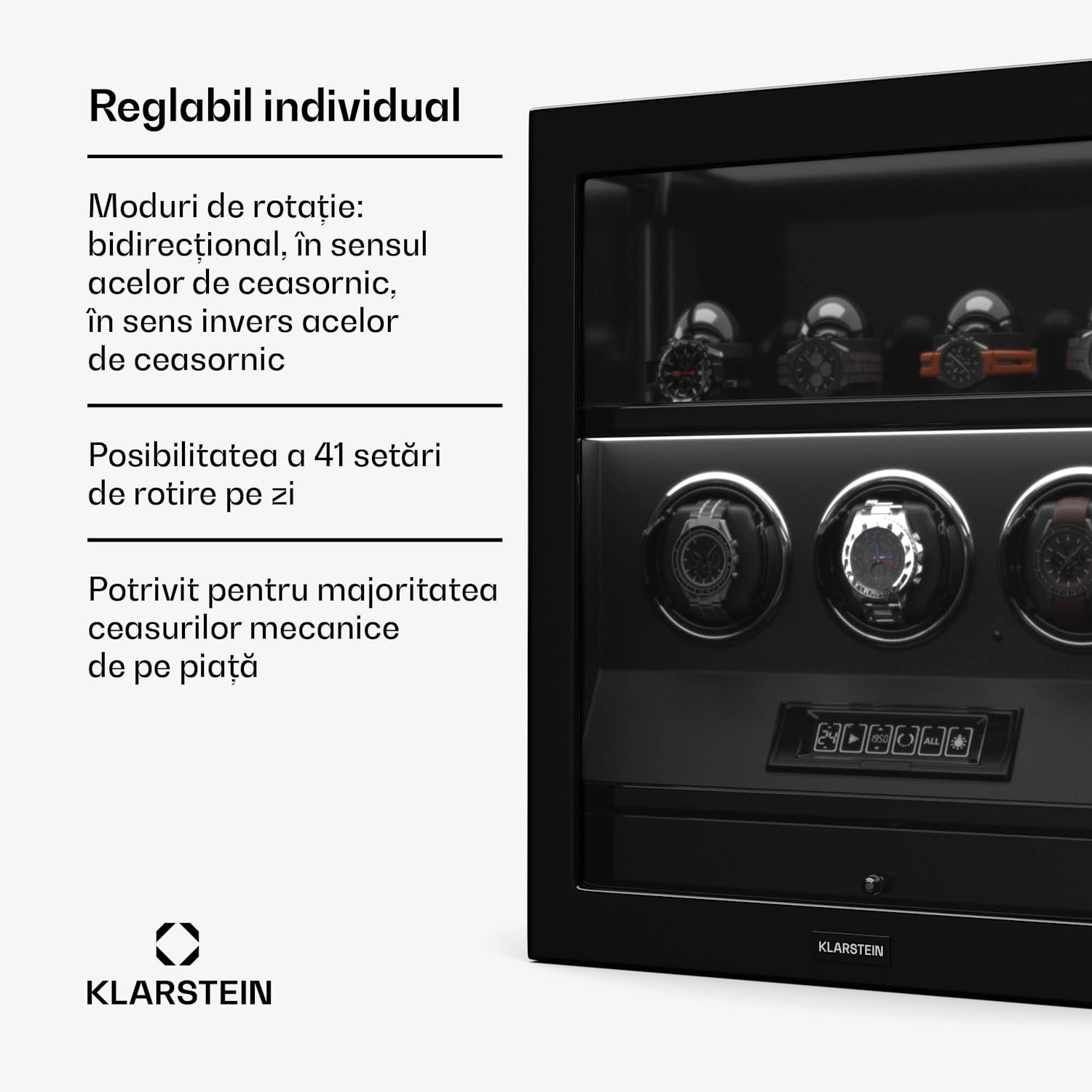 SecureTouch dispozitiv de întors ceasuri, 3+4 ceasuri, Motor Mabuchi, lac de pian, 41 moduri, blocare, LED-uri 3 automate, 4 mecanice | Negru