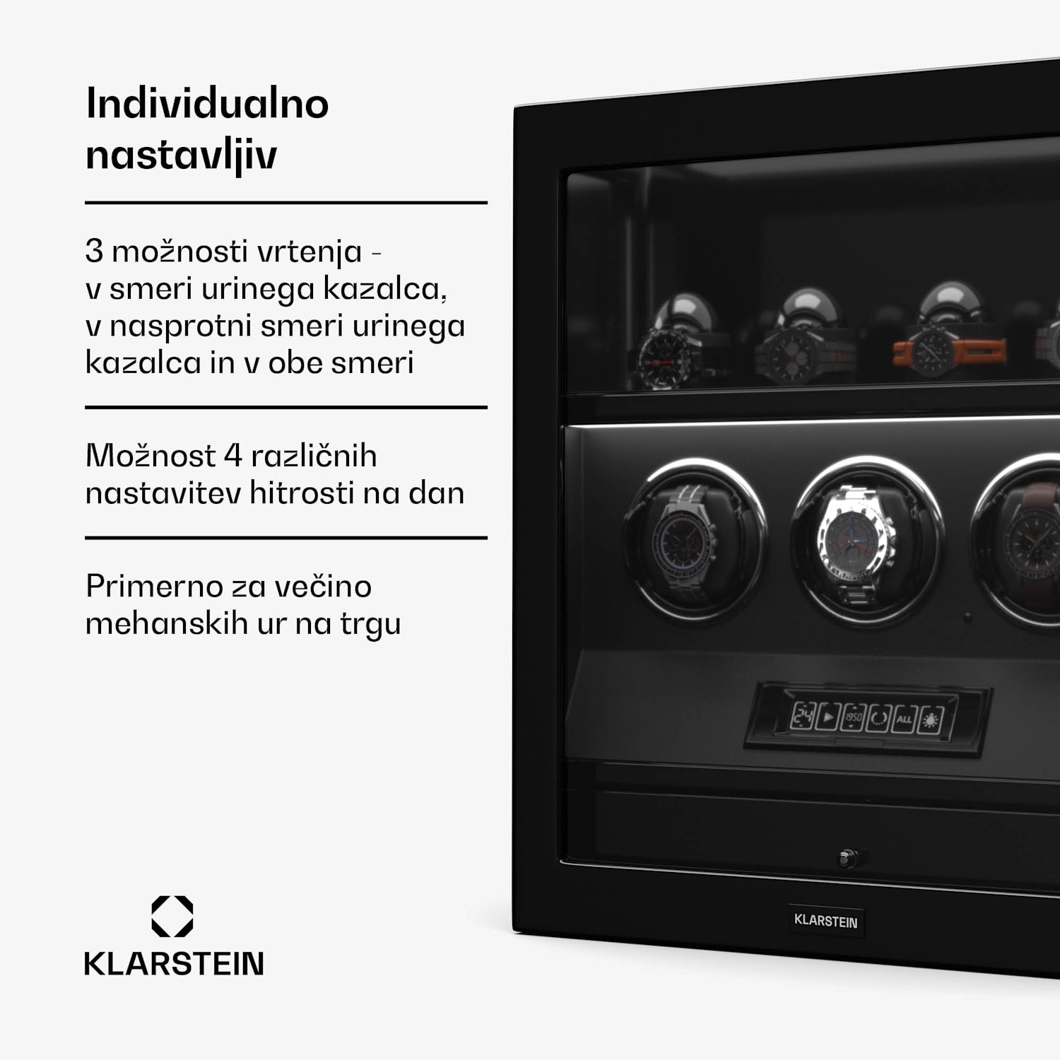 Napajalnik za ure SecureTouch, 3+4 ure, motor Mabuchi, klavirski lak, 41 načinov, ključavnica, LED diode 3 avtomatske, 4 mehanične | Črna