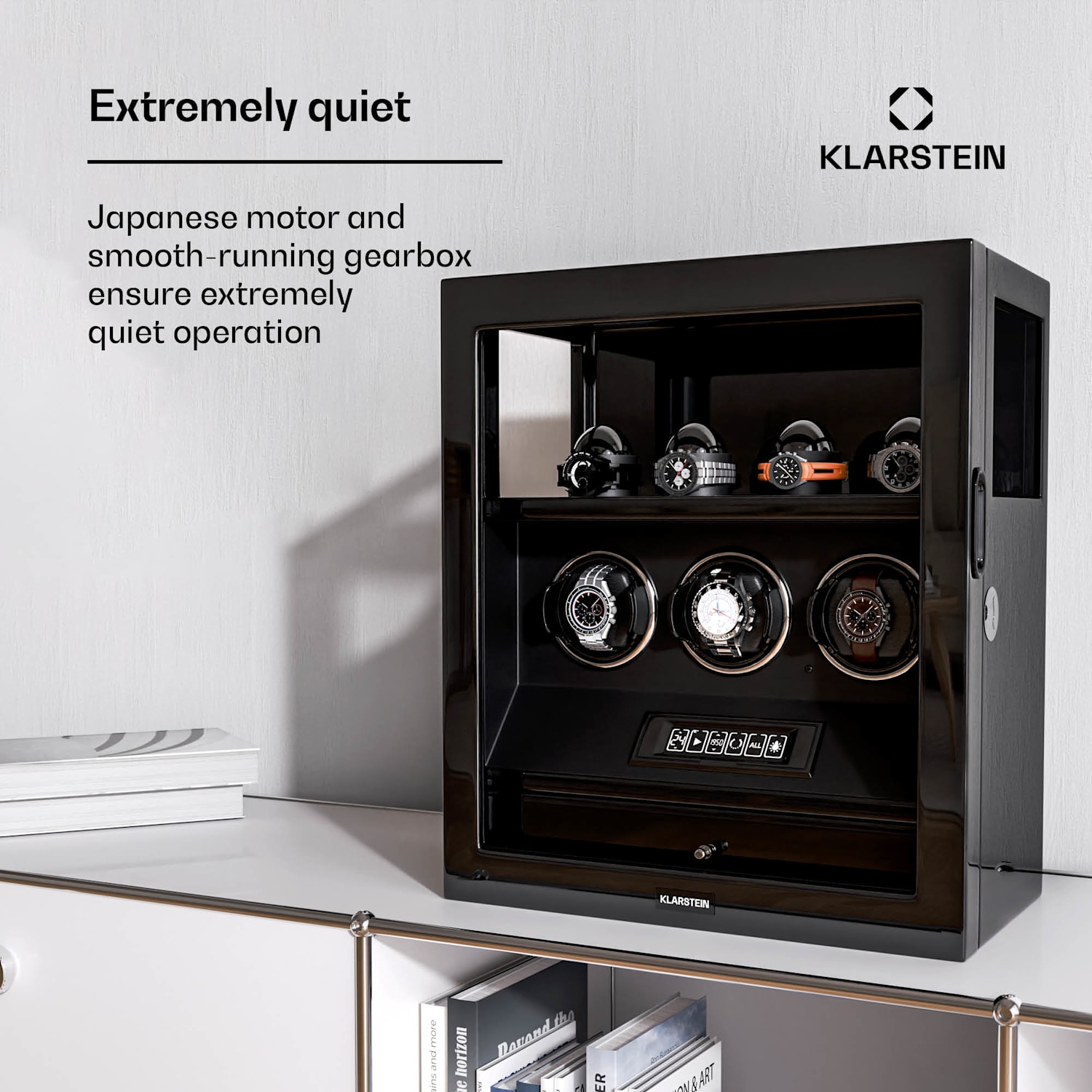 SecureTouch watchwinder | 3+4 horloges | Mabuchi motor | pianolak | 41 modi | slot | leds 3 automatisch, 4 mechanisch | Zwart