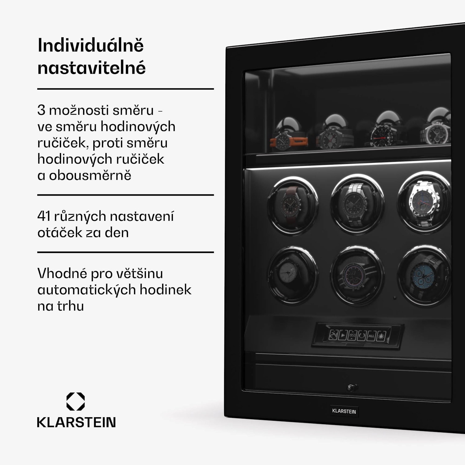 SecureTouch natahovač hodinek, 6+4 hodinky, motor Mabuchi, klavírní lak, 41 režimů, zámek, LED diody 6 automatických, 4 mechanických | Černá