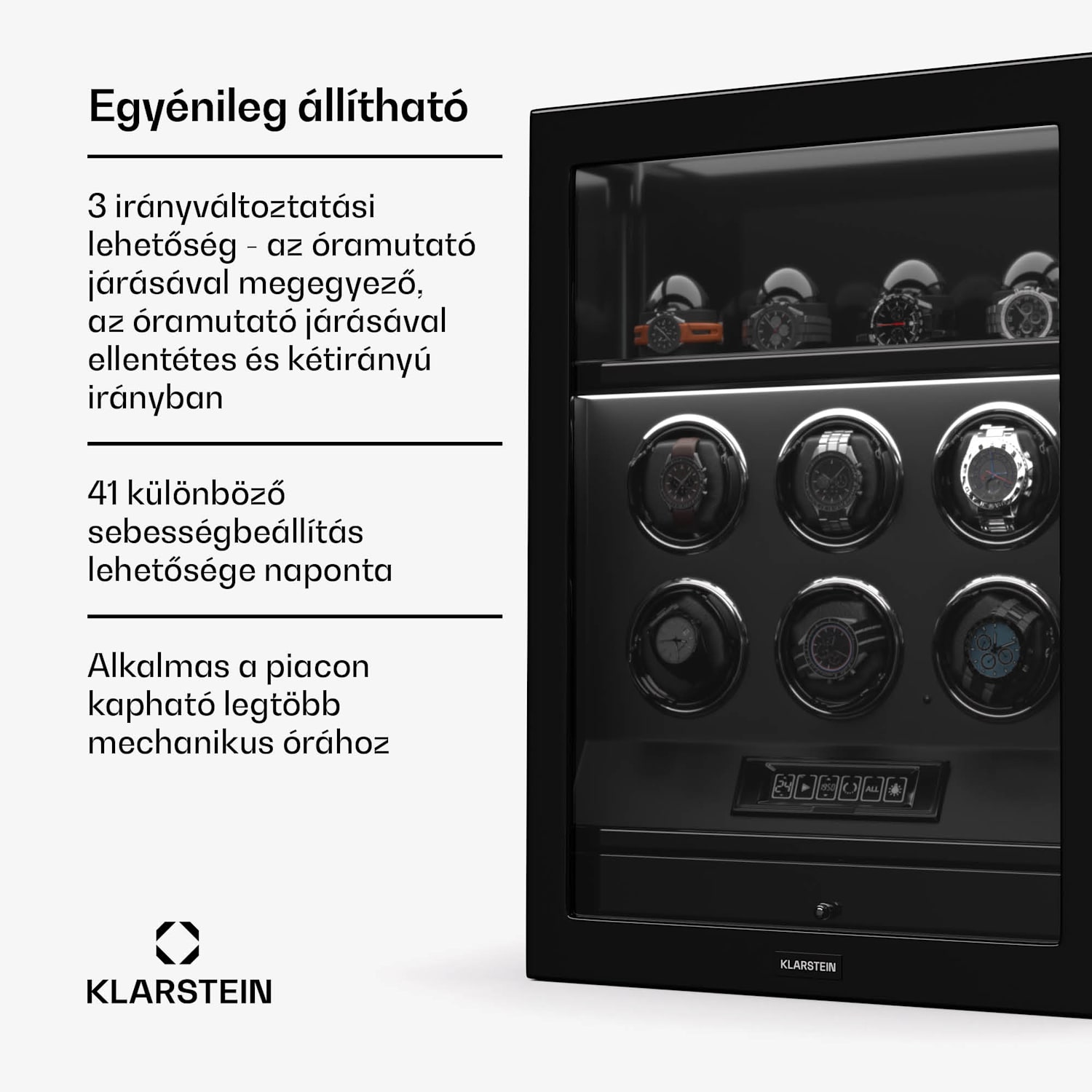 SecureTouch óratekercselő, 6+4 óra, Mabuchi motor, zongoralakk, 41 üzemmód, zár, LED-ek 6 automata, 4 szerelő | Fekete