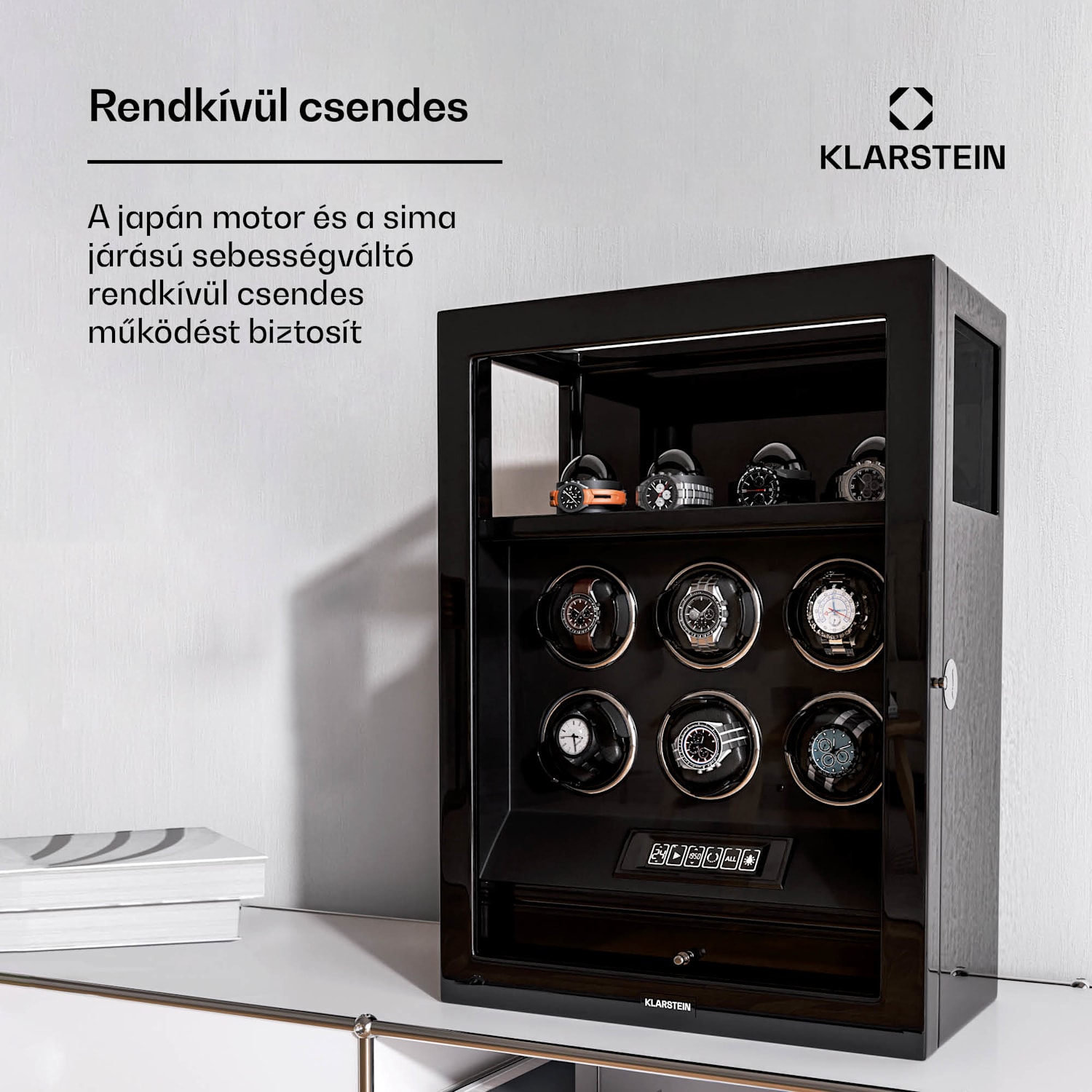 SecureTouch óratekercselő, 6+4 óra, Mabuchi motor, zongoralakk, 41 üzemmód, zár, LED-ek 6 automata, 4 szerelő | Fekete