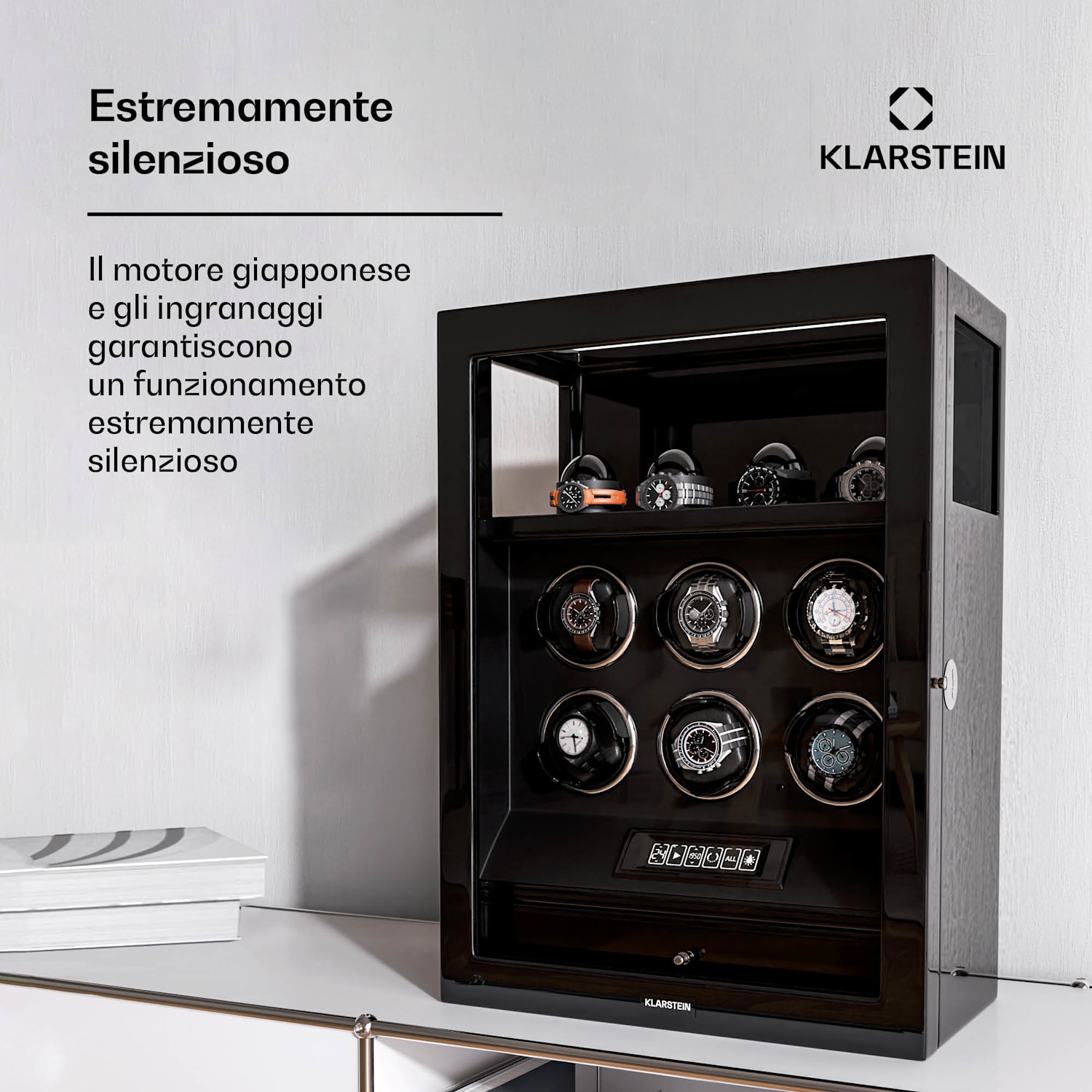 SecureTouch - Avvolgitore per orologi | 6+4 orologi | Motore Mabuchi | Lacca lucida | 41 modalità | Serratura | LED 6 automatici, 4 meccanici | Nero