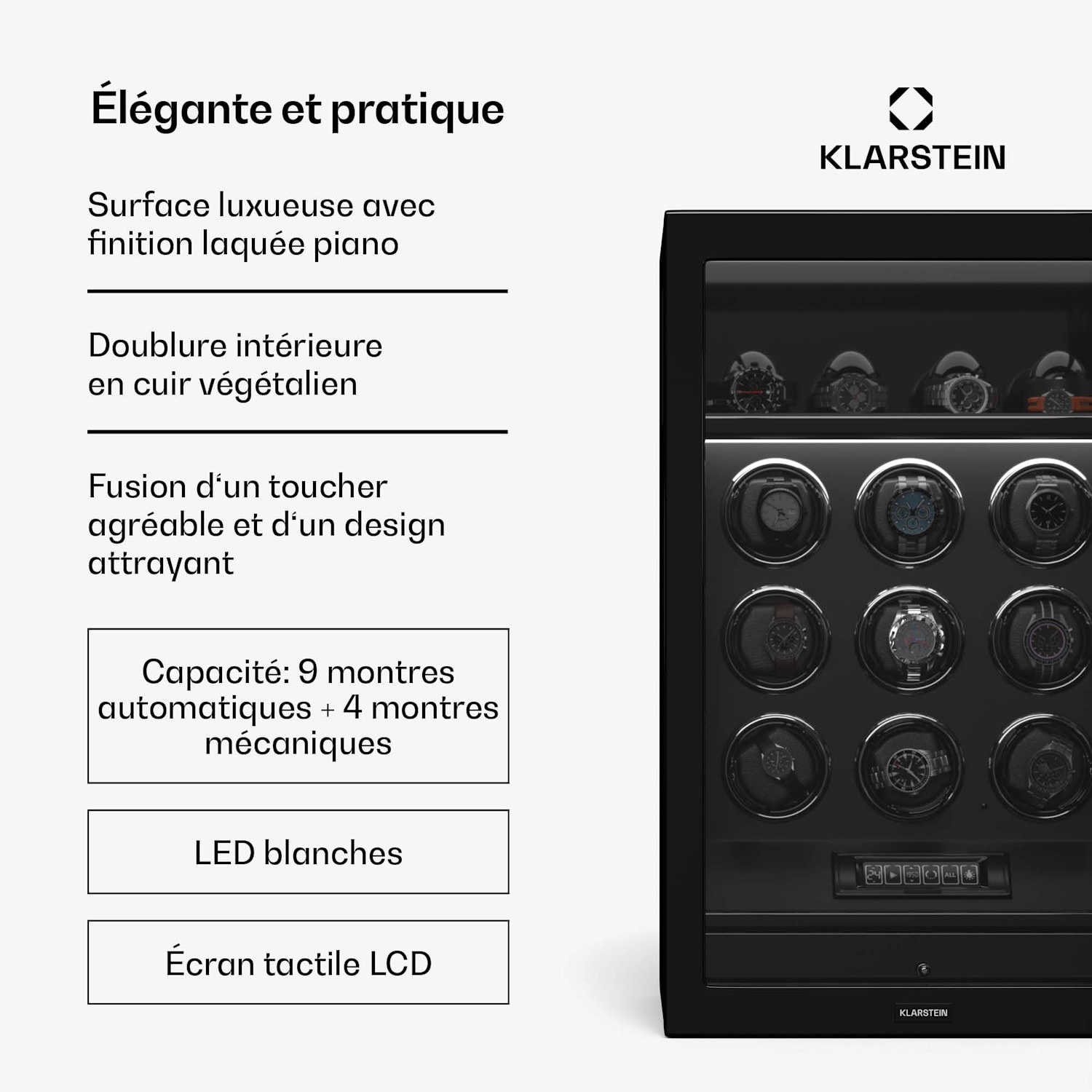 SecureTouch watchwinder | 9+4 horloges | Mabuchi motor | pianolak | 41 modi | slot | leds 9 automatisch, 4 mechanisch | Zwart