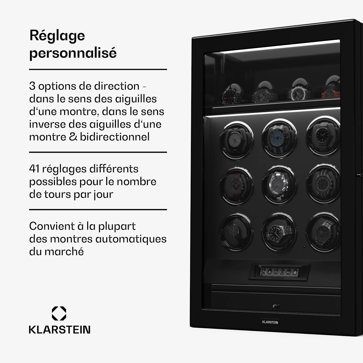 SecureTouch watchwinder | 9+4 horloges | Mabuchi motor | pianolak | 41 modi | slot | leds 9 automatisch, 4 mechanisch | Zwart