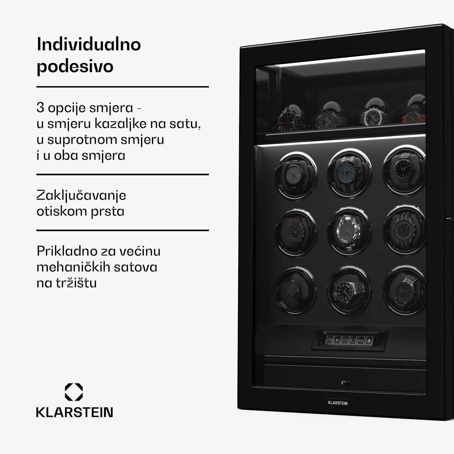 SecureTouch navijač satova, 9+4 sata, Mabuchi motor, klavirski lak, 41 režim, brava, LED diode 9 automatika, 4 mehanicara | Crna