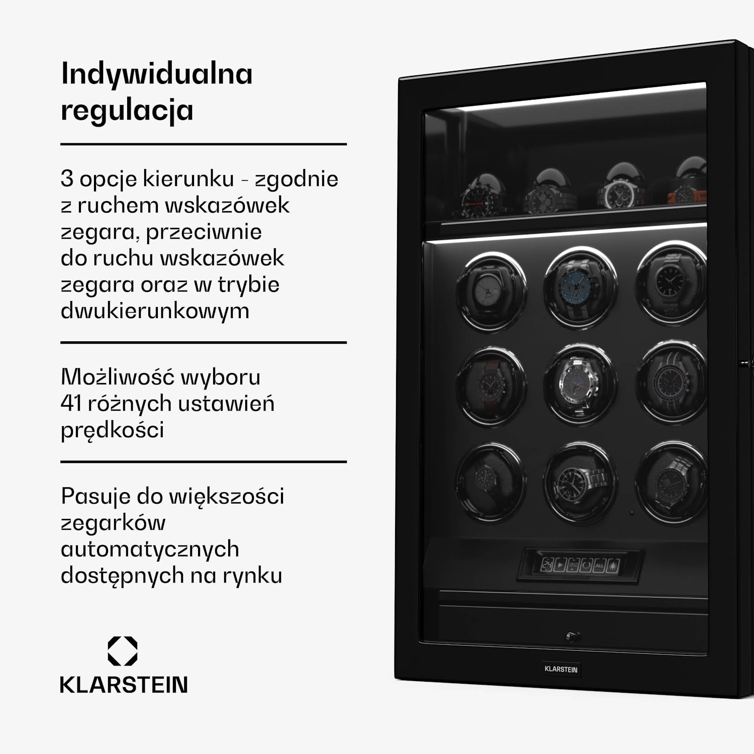 SecureTouch rotomat, 9+4 zegarków, silnik Mabuchi, lakier fortepianowy, 41 trybów, blokada, diody LED 9 automatycznych, 4 mechaniczne | Czarny