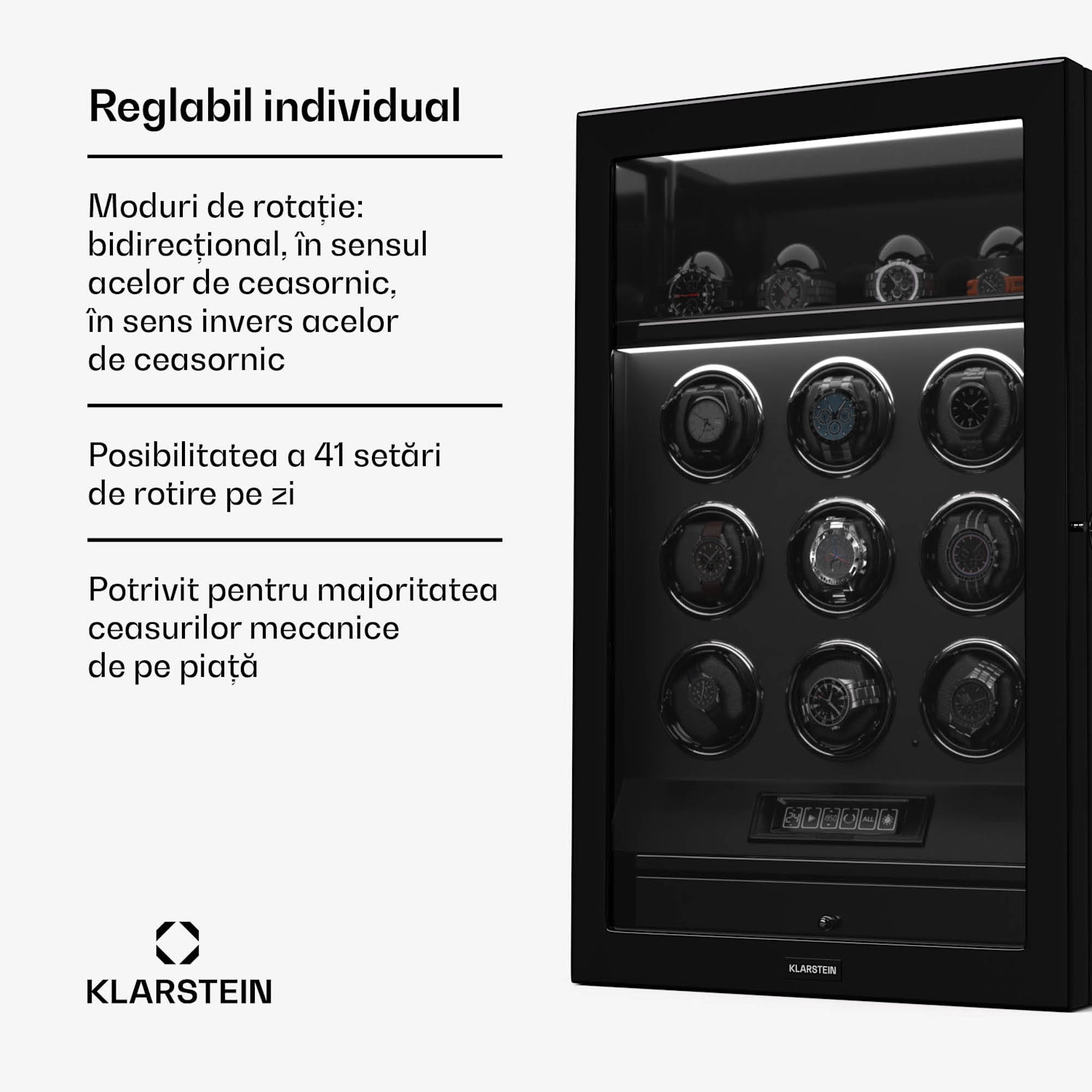 SecureTouch dispozitiv de întors ceasuri, 9+4 ceasuri, Motor Mabuchi, lac de pian, 41 moduri, blocare, LED-uri 9 automate, 4 mecanice | Negru