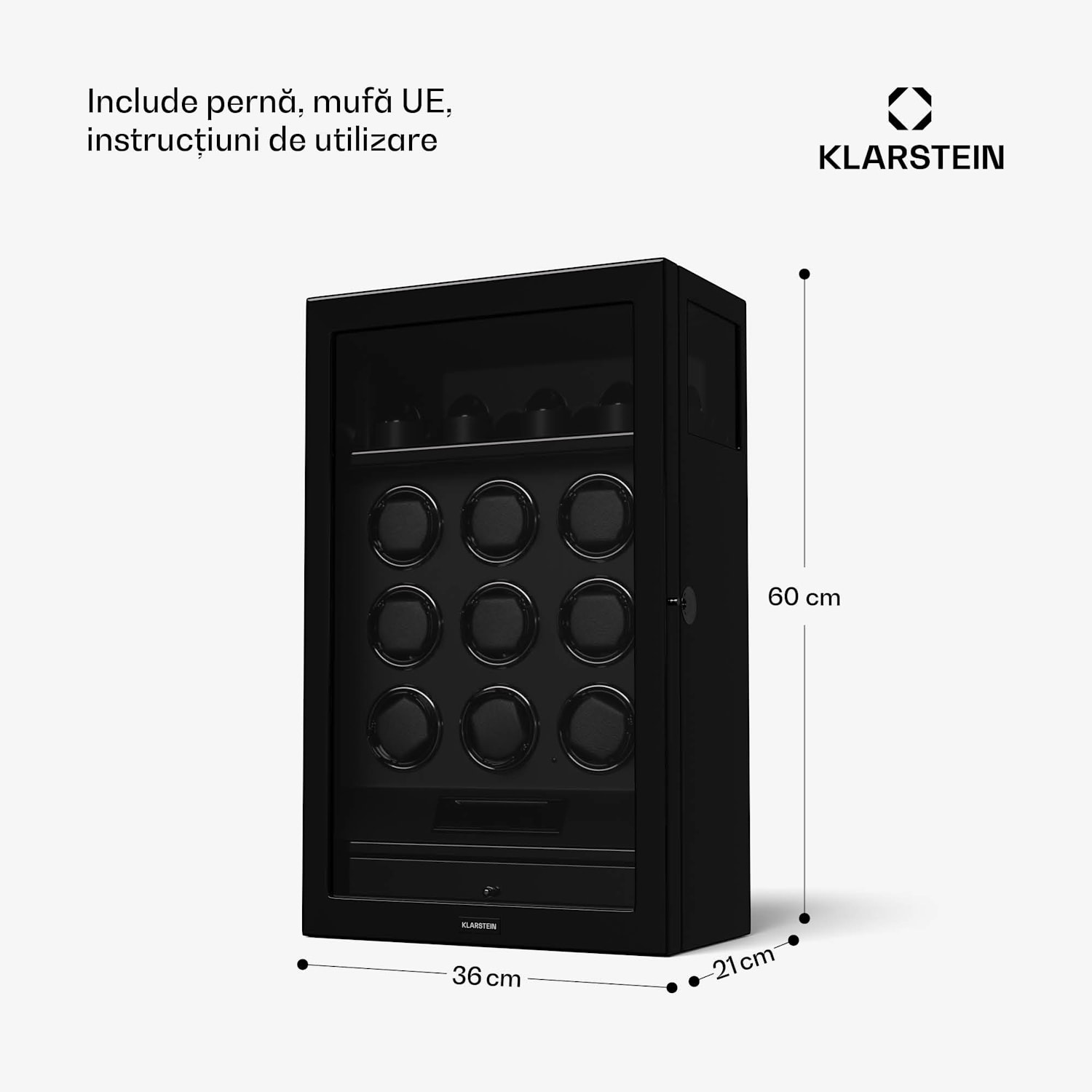SecureTouch dispozitiv de întors ceasuri, 9+4 ceasuri, Motor Mabuchi, lac de pian, 41 moduri, blocare, LED-uri 9 automate, 4 mecanice | Negru