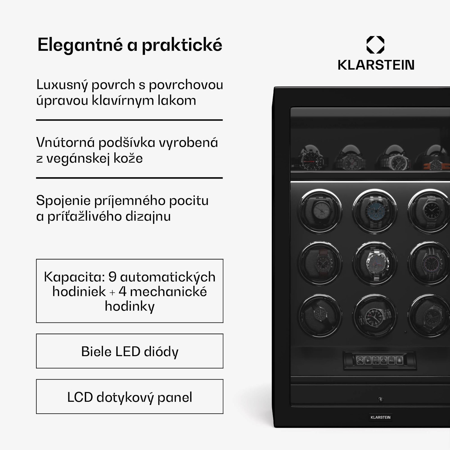 SecureTouch naťahovač hodiniek, 9+4 hodinky, motor Mabuchi, klavírny lak, 41 režimov, zámok, LED diódy 9 automatických, 4 mechanických | Čierna