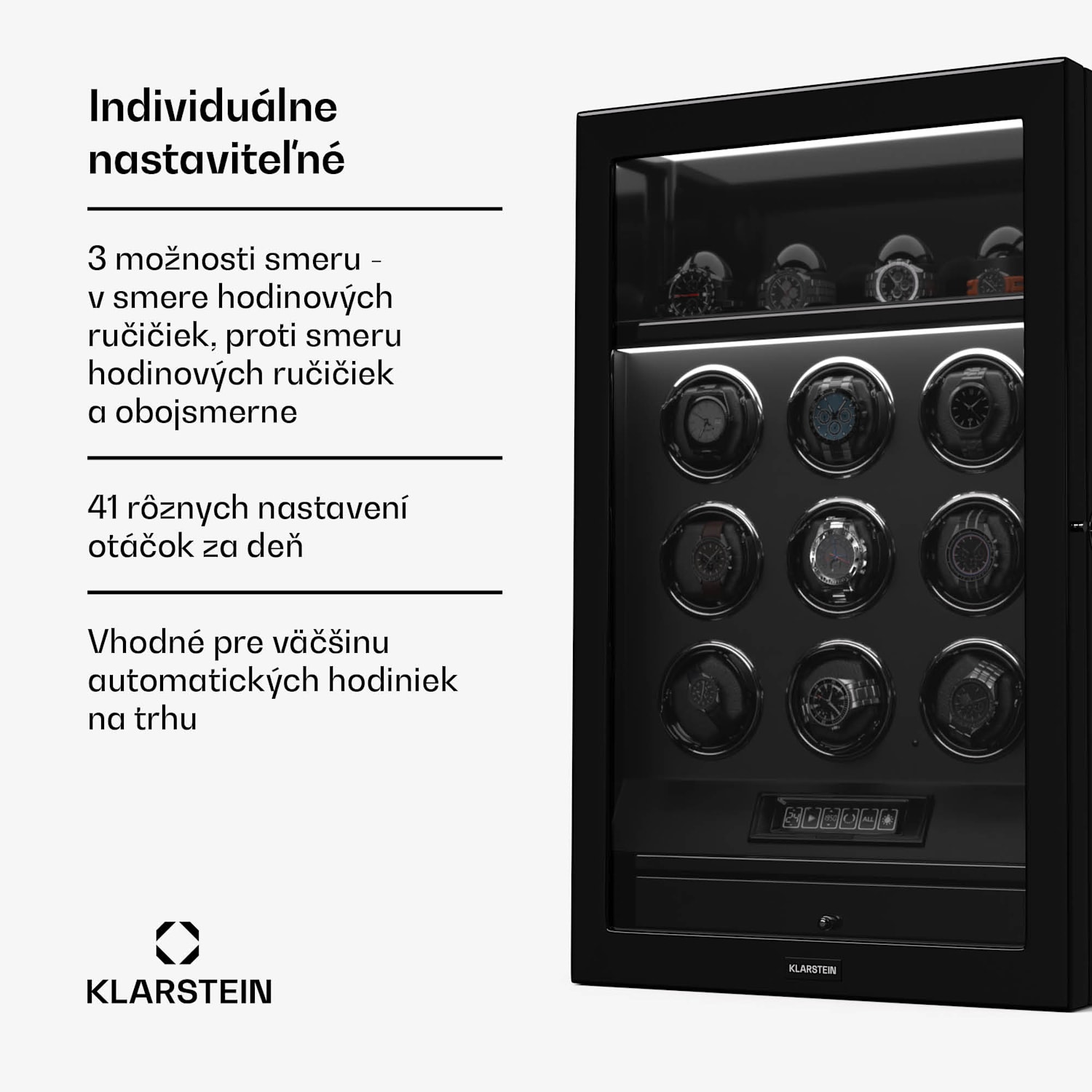 SecureTouch naťahovač hodiniek, 9+4 hodinky, motor Mabuchi, klavírny lak, 41 režimov, zámok, LED diódy 9 automatických, 4 mechanických | Čierna