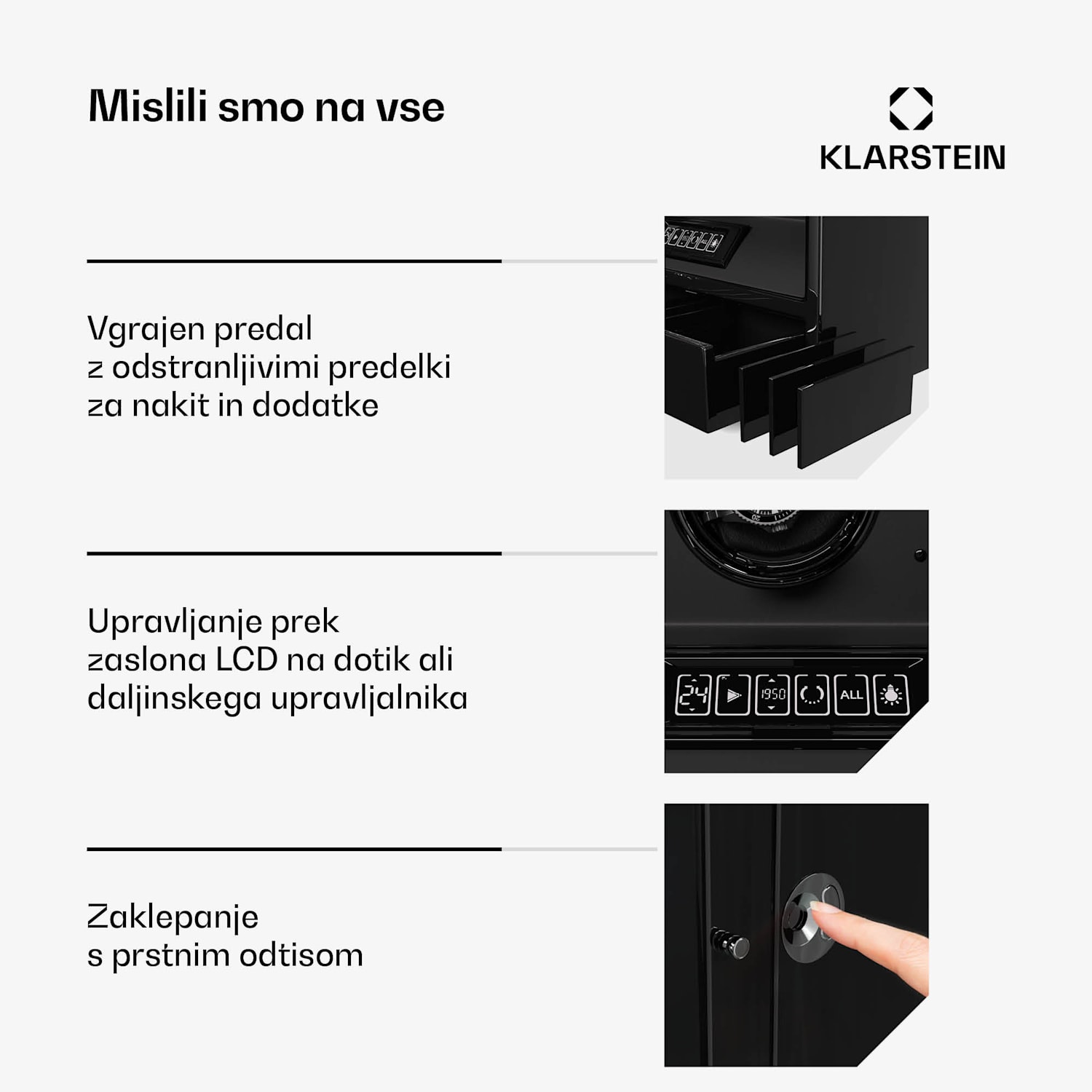 Navijalnik za ure SecureTouch, 9 +4 ure, motor Mabuchi, klavirski lak, 41 načinov, ključavnica, LED diode 9 avtomatskih, 4 mehaničnih | Črna