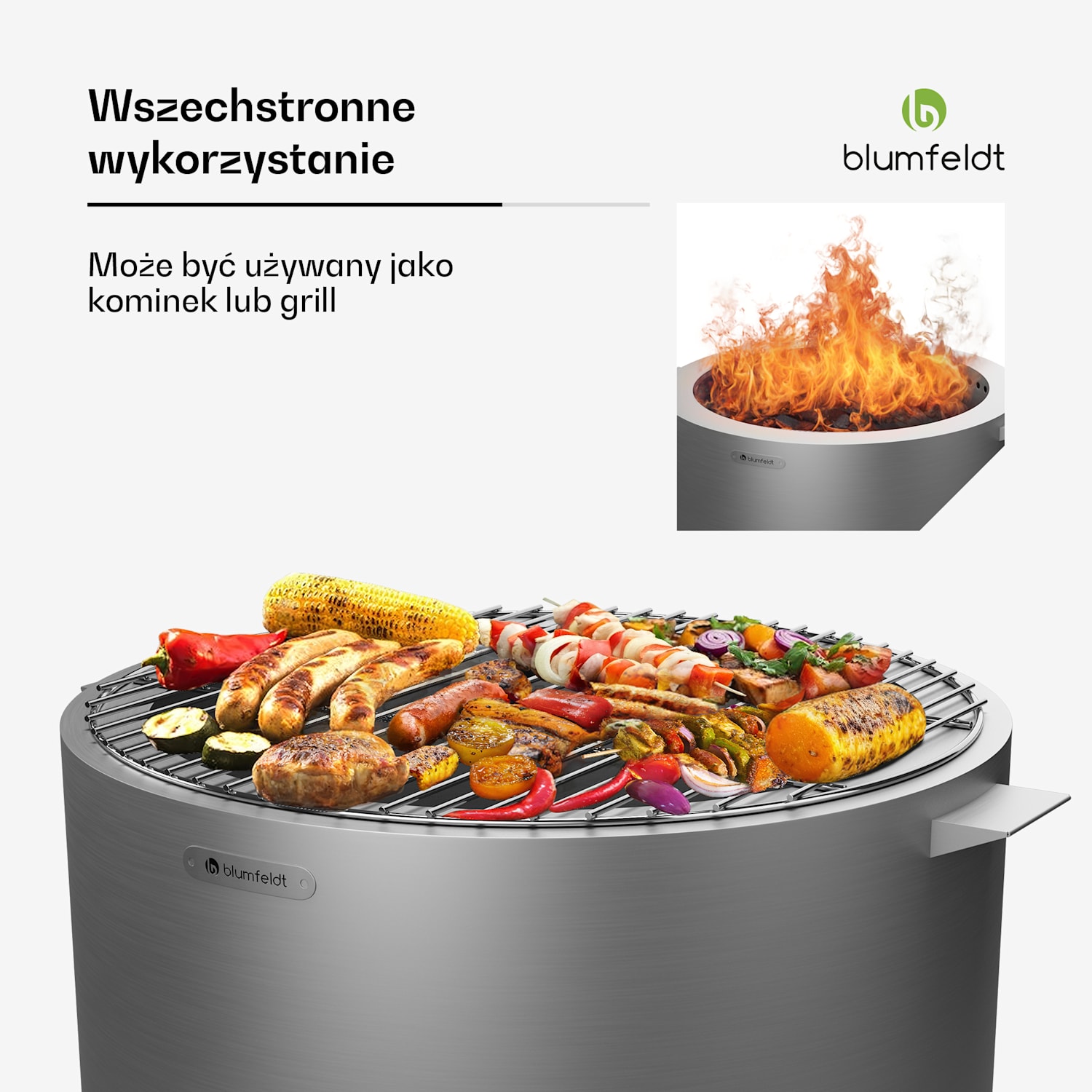 Ignite Pure palenisko ogrodowe, niski poziom dymu, ruszt grillowy, stal nierdzewna, przenośne, pokrowiec przeciwsdeszczowy, uchwyty do przenoszenia Srebrny