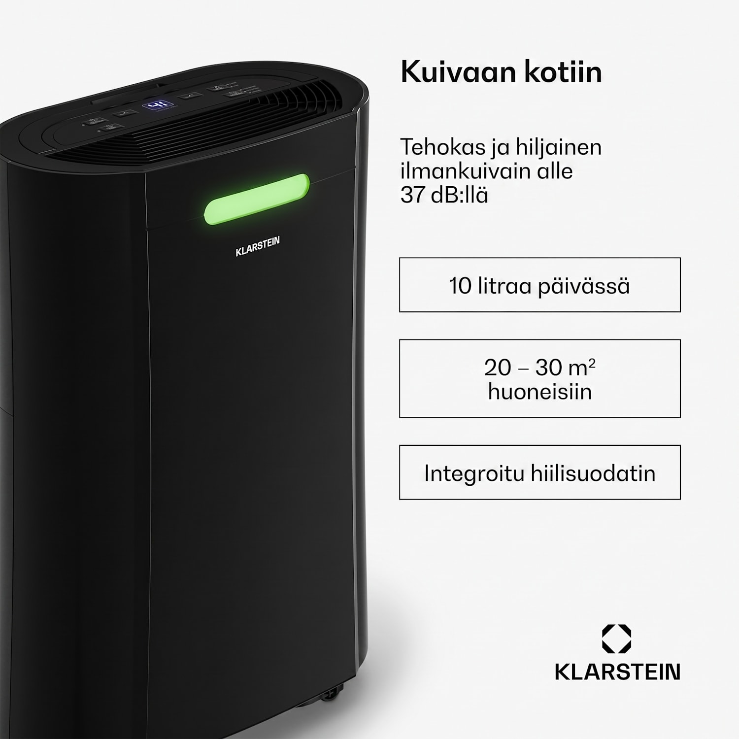 AeroDry 10 ilmankuivain |165 W teho |10 l/vrk | 135 m³/h | enintään 15 m² | DrySelect-toiminto | DrySelect-toiminto 10L/24h | Musta | Ei