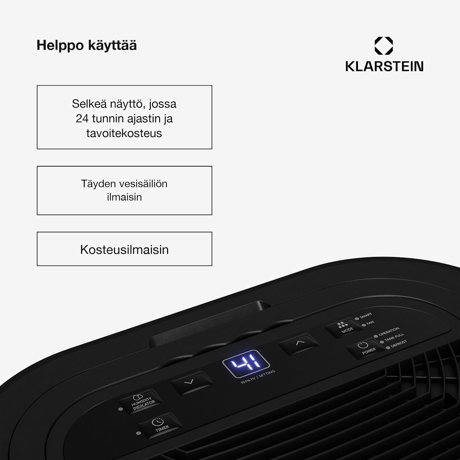 AeroDry 10 ilmankuivain |165 W teho |10 l/vrk | 135 m³/h | enintään 15 m² | DrySelect-toiminto | DrySelect-toiminto 10L/24h | Musta | Ei