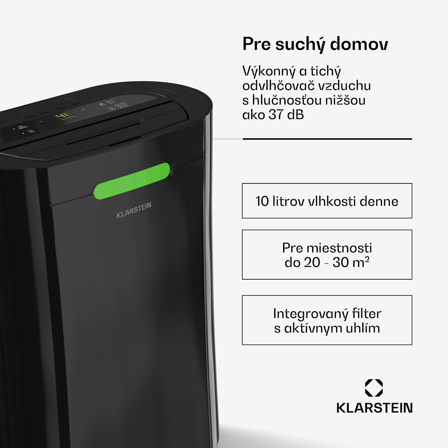 AeroDry 10 odvlhčovač vzduchu, výkon 165 W, 10 l/deň, 135 m³/h, pre plochu do 15 m², funkcia DrySelect 10L/24h | Čierna | Nie