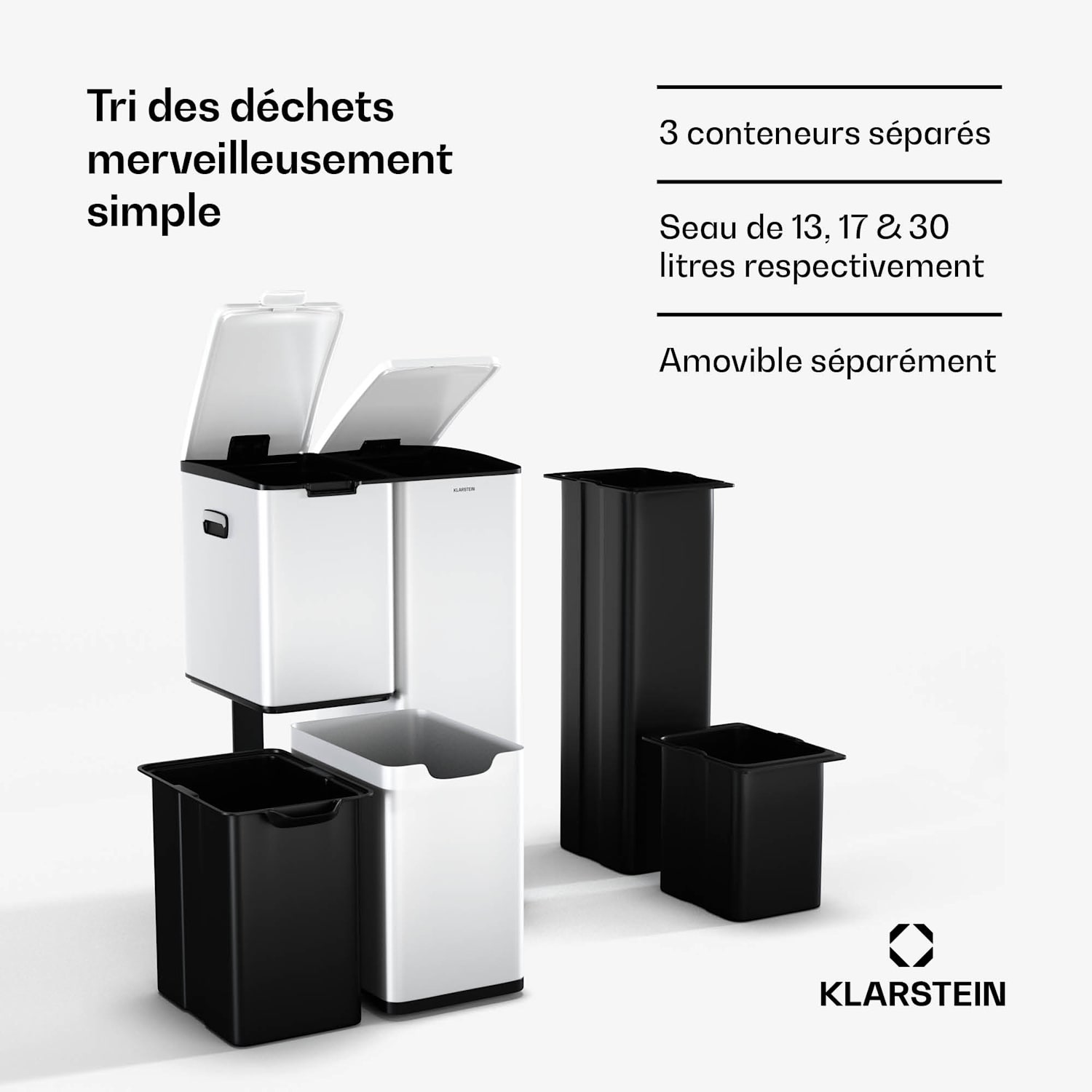 Tiyo 3-in-1 afvalbak 60 L | 30 L + 17 L + 13 L | soft-close   60 ltr | Wit