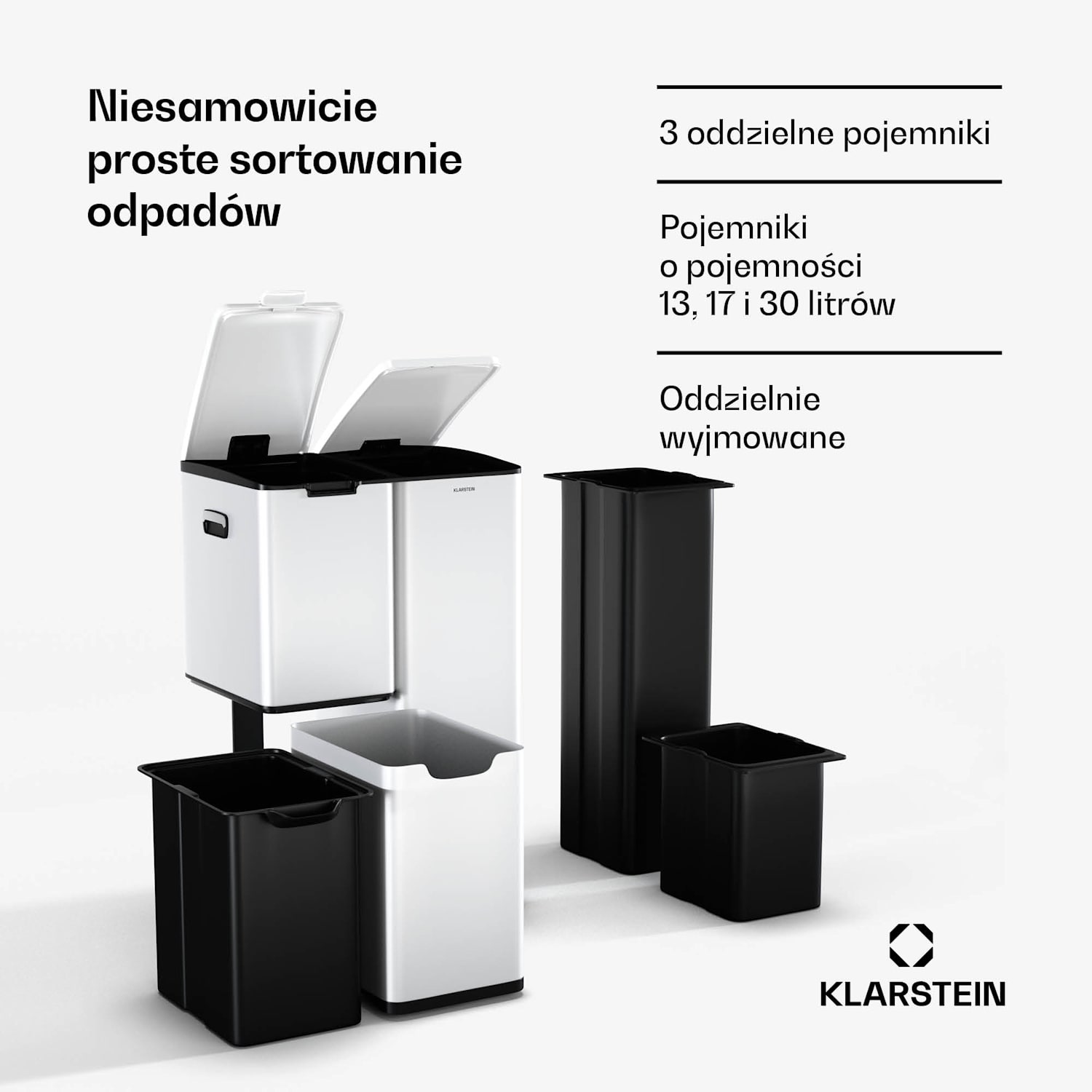 Kosz na śmieci Tiyo 3 w 1 60 l, 30 l + 17 l + 13 l, sortowanie odpadów, ciche zamykanie, pokrywa ze stali nierdzewnej 60 Ltr | Biały