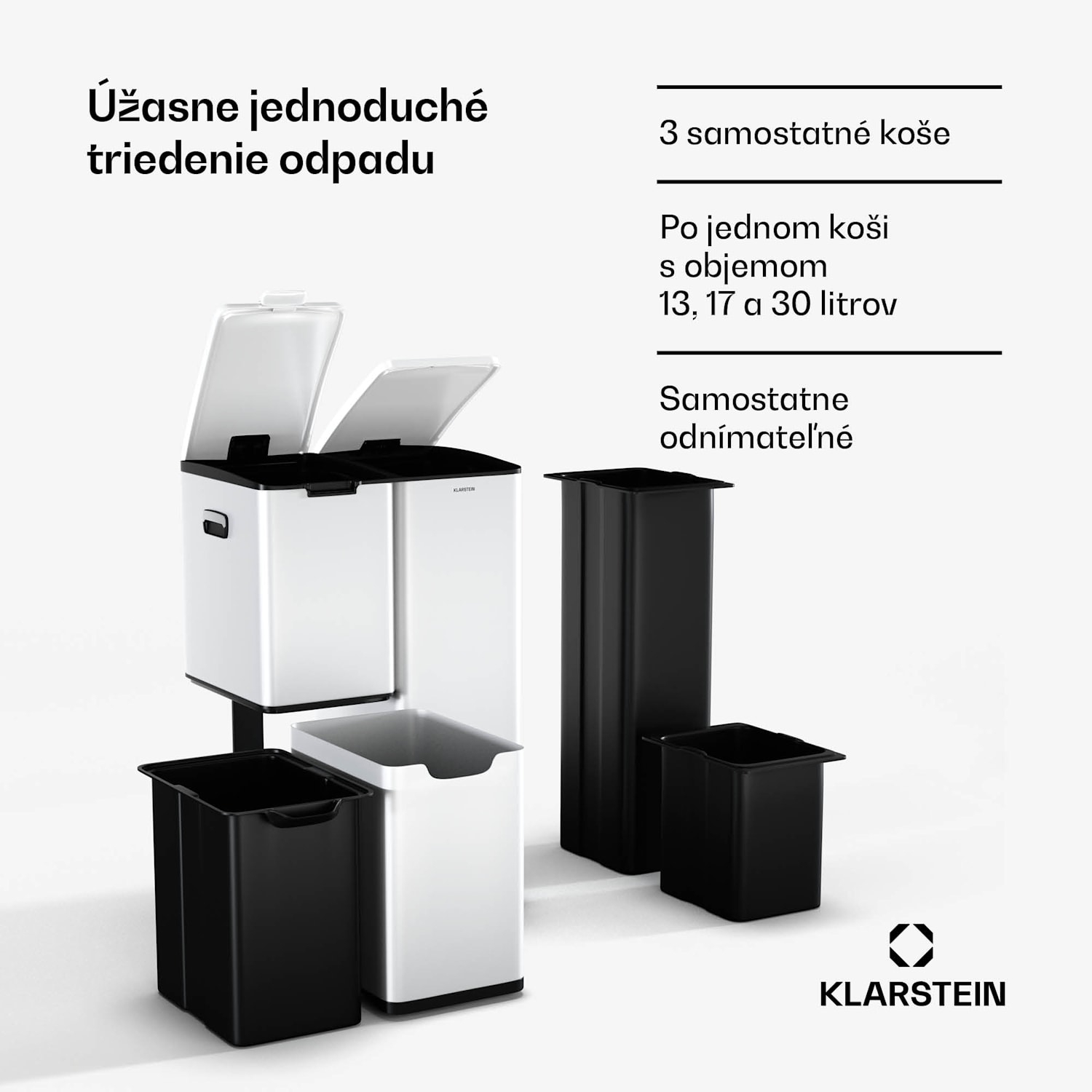 Tiyo 3 v 1 kôš na odpadky 60 l, 30 l + 17 l + 13 l, triedenie odpadu, tiché zatváranie, kryt z nehrdzavejúcej ocele 60 litrov | Biela