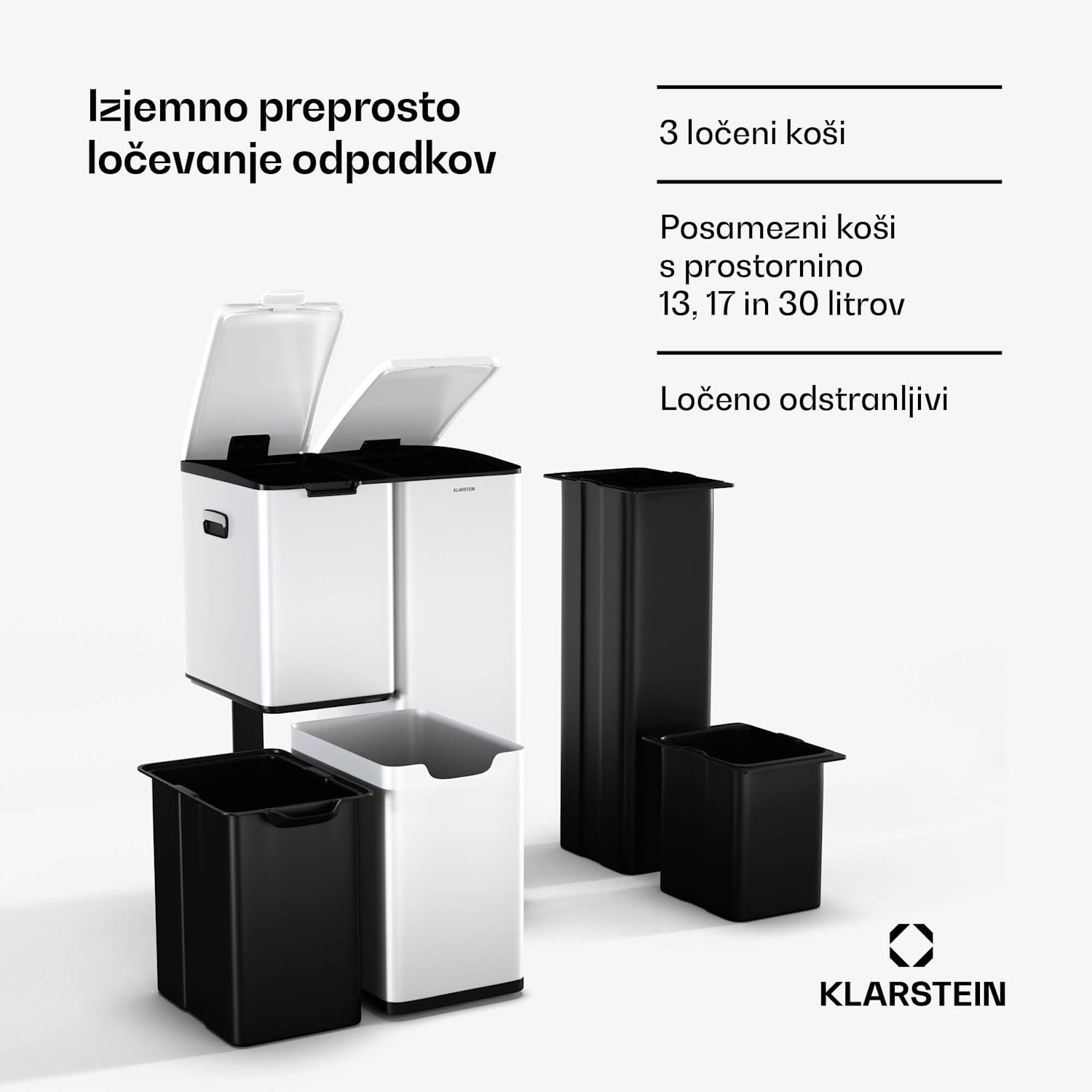 Tiyo koš za odpadke 3 v 1 60 l, 30 l + 17 l + 13 l, sortiranje odpadkov, tiho zapiranje, pokrov iz nerjavečega jekla 60 Ltr | Bela