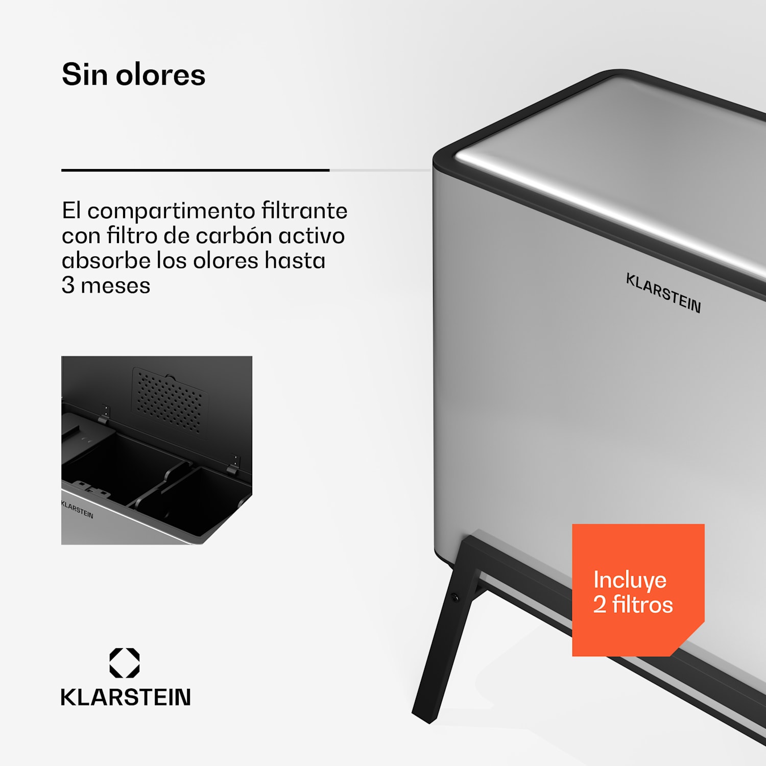 Cubo de basura Yuma 40 L incl. cubo de compost con patas Filtro de olores 40 L | Acero Inoxidable